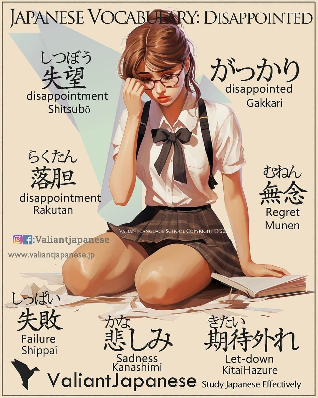 Valiant Language Schoolのインスタグラム：「👩‍🏫:New Beginner Classes Starting November 6th DM us for info  Simple Japanese : Disappointed 😫 . Use code : MOMIJI To get 10% off on our shop .  Example Sentences below 👇  失望 (Shitsubou) - Meaning: "disappointment"  彼の行動には深い失望を感じました。 (Kare no koudou ni wa fukai shitsubou o kanjimashita.) Translation: I felt deep disappointment in his actions. がっかり (Gakkari) - Meaning: "disappointed" (colloquial)  試験の結果を見て、がっかりしました。 (Shiken no kekka o mite, gakkari shimashita.) Translation: I was disappointed when I saw the exam results. 期待はずれ (Kitai hazure) - Meaning: "letdown" or "disappointment"  その映画は期待はずれでした。 (Sono eiga wa kitai hazure deshita.) Translation: The movie was a letdown. 落胆 (Rakutan) - Meaning: "discouragement" or "disappointment"  彼女はその結果に落胆しました。 (Kanojo wa sono kekka ni rakutan shimashita.) Translation: She was discouraged by the outcome. 期待外れ (Kitai hazure) - Meaning: "disappointment" or "letdown"  その新製品は期待外れでした。 (Sono shinseihin wa kitai hazure deshita.) Translation: The new product was a disappointment. 失敗 (Shippai) - Meaning: "failure" or "mistake"  そのプロジェクトは大きな失敗でした。 (Sono purojekuto wa ooki na shippai deshita.) Translation: The project was a major failure. 悲しみ (Kanashimi) - Meaning: "sadness" or "sorrow"  彼の行動により悲しみが生じました。 (Kare no koudou ni yori kanashimi ga shoujimashita.) Translation: His actions caused sadness. 無念 (Munen) - Meaning: "regret" or "disappointment"  その機会を逃すことは無念でした。 (Sono kikai o nogasu koto wa munen deshita.) Translation: Missing that opportunity was a source of regret.  #tshirts  #shinjuku  #新宿 #東京 #tokyo」