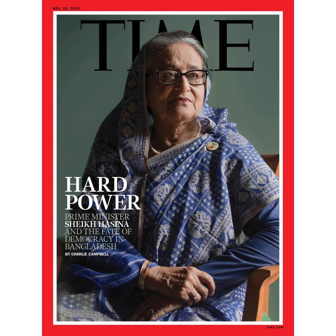 TIME Magazineのインスタグラム：「TIME’s new cover: Under Prime Minister Sheikh Hasina, democracy in Bangladesh hangs in the balance.  In office since 2009, after an earlier term from 1996 to 2001, she is the world’s longest-serving female head of government and credited with subduing both resurgent Islamists and a once meddlesome military.   Hasina is determined to extend that run at the ballot box in January. “I am confident that my people are with me,” she says in an interview with TIME in September. “They’re my main strength.”  Few rebuttals are as stark as the 19 assassination attempts that Hasina has weathered over the years. In recent months, supporters of the main opposition Bangladesh Nationalist Party (BNP) have clashed with security forces, leading to hundreds of arrests, police vehicles and public buses set ablaze, and several people killed.   Bangladesh has taken an authoritarian turn under Hasina’s Awami League party. The last two elections were condemned by the U.S., E.U. and others for significant irregularities, including stuffed ballot boxes and thousands of phantom voters. (She won 84% and 82% of the vote, respectively.)   Meanwhile, BNP workers have been hit by a staggering 4 million legal cases, while independent journalists and civil society also complain of vindictive harassment. Critics say January’s vote is tantamount to a coronation and Hasina to a dictator.   What would a fourth straight term for Hasina mean for Bangladesh? Read the cover story at the link in bio.   Photograph by Sarker Protick (@sarkerprotick) for TIME」