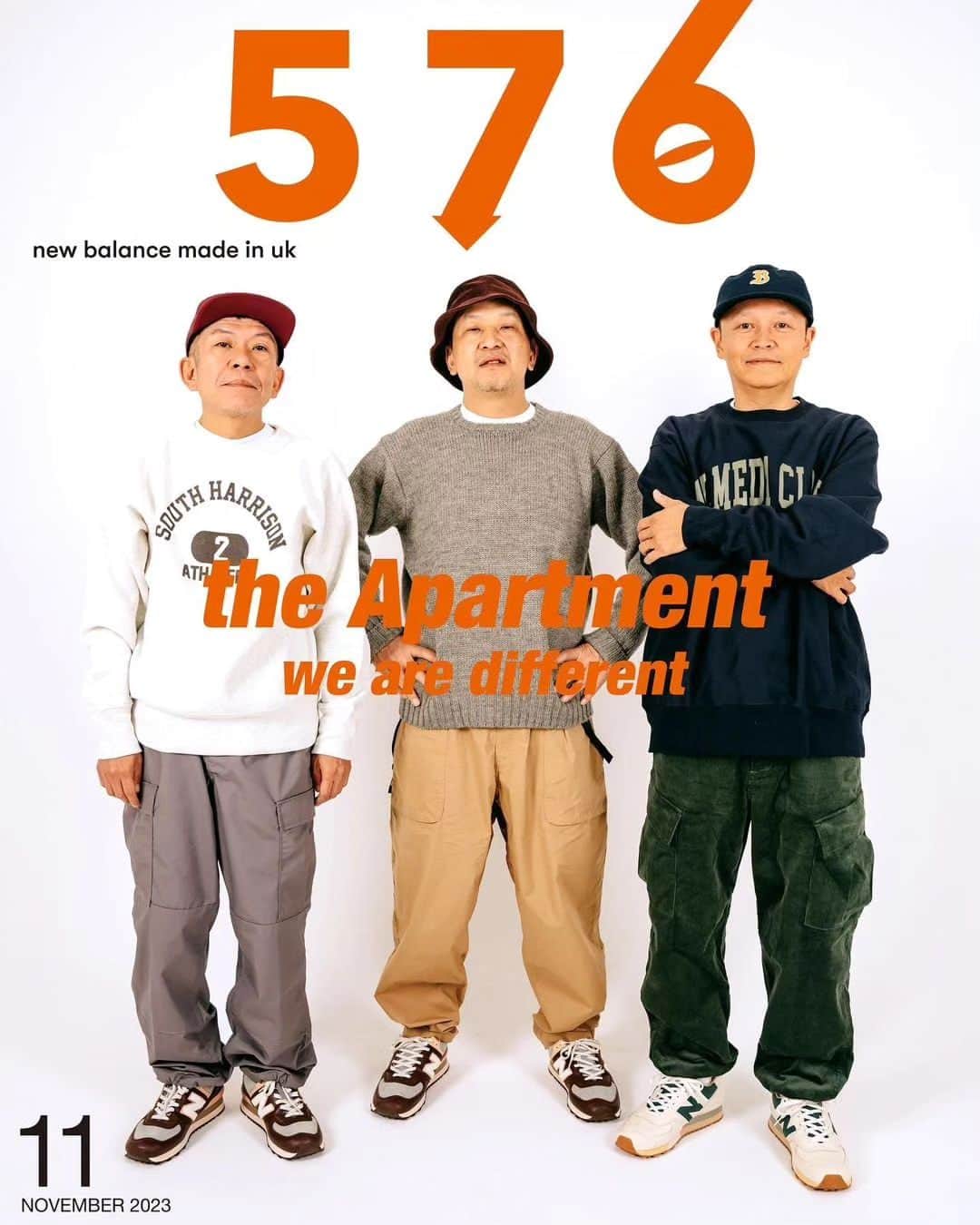 スチャダラパーのインスタグラム：「Reposted from @theapartment_tokyo 1998年11月号、あの表紙からちょうど25年の月日が経った2023年11月  @sdp1990_official の @bose_sdp さん、 @sdp_ani さん、@ksoonc さんのお三方にモデルをお願いして、カメラマンは @nobuhikotanabe さん、ロゴデザインは @marsmanie さんって言う我々含めて全員Bボーイ布陣で臨んだ今回の撮影  HIP HOPをずっと好きでいたらこんな未来が待っていました この日の撮影は一生忘れられない思い出です  #schadaraparr #theapartment #newbalance #madeinuk #ou576amt #ou576ame #576brick #576agave #wearedifferent」