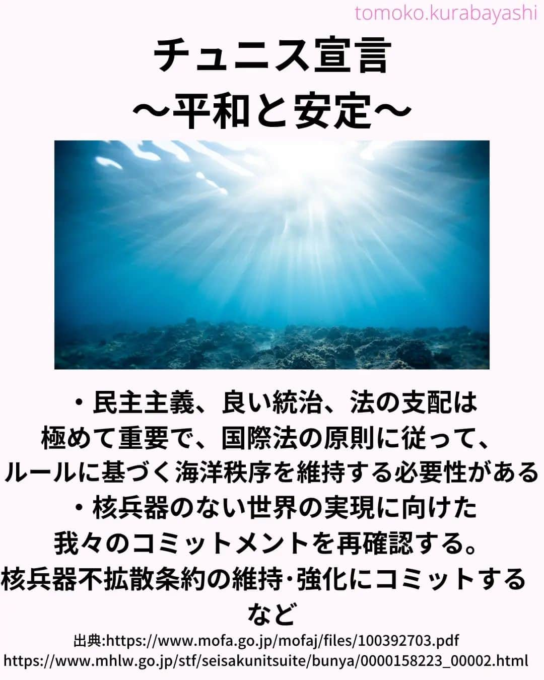 倉林知子さんのインスタグラム写真 - (倉林知子Instagram)「今日はTICAD8で採択された「チュニス宣言」の内容をご紹介します。  ❁.｡.:*:.｡.✽.｡.:*:.｡.❁.｡.:*:.｡.✽.｡.:*:.｡. ❁.｡.:*:.｡.✽.｡.: SDGsアナウンサーとして 主にSDGs関係の情報発信をしています→@tomoko.kurabayashi  オフィシャルウェブサイト(日本語) https://tomokokurabayashi.com/  Official website in English https://tomokokurabayashi.com/en/  🌎️SDGs関係のことはもちろん 🇬🇧イギリスのこと (5年間住んでいました) 🎓留学、海外生活のこと (イギリスの大学を卒業しています) 🎤アナウンサー関係のこと (ニュースアナウンサー、スポーツアナウンサー、プロ野球中継リポーター、アナウンサーの就職活動、職業ならではのエピソードなど)etc  扱って欲しいトピックなどありましたら気軽にコメントどうぞ😃 ❁.｡.:*:.｡.✽.｡.:*:.｡.❁.｡.:*:.｡.✽.｡.:*:.｡. ❁.｡.:*:.｡.✽.｡.: #イギリス #留学 #アナウンサー #フリーアナウンサー #局アナ #バイリンガル #マルチリンガル #英語 #フランス語 #SDGsアナウンサー #SDGs #アフリカ　#ticad」11月2日 21時31分 - tomoko.kurabayashi