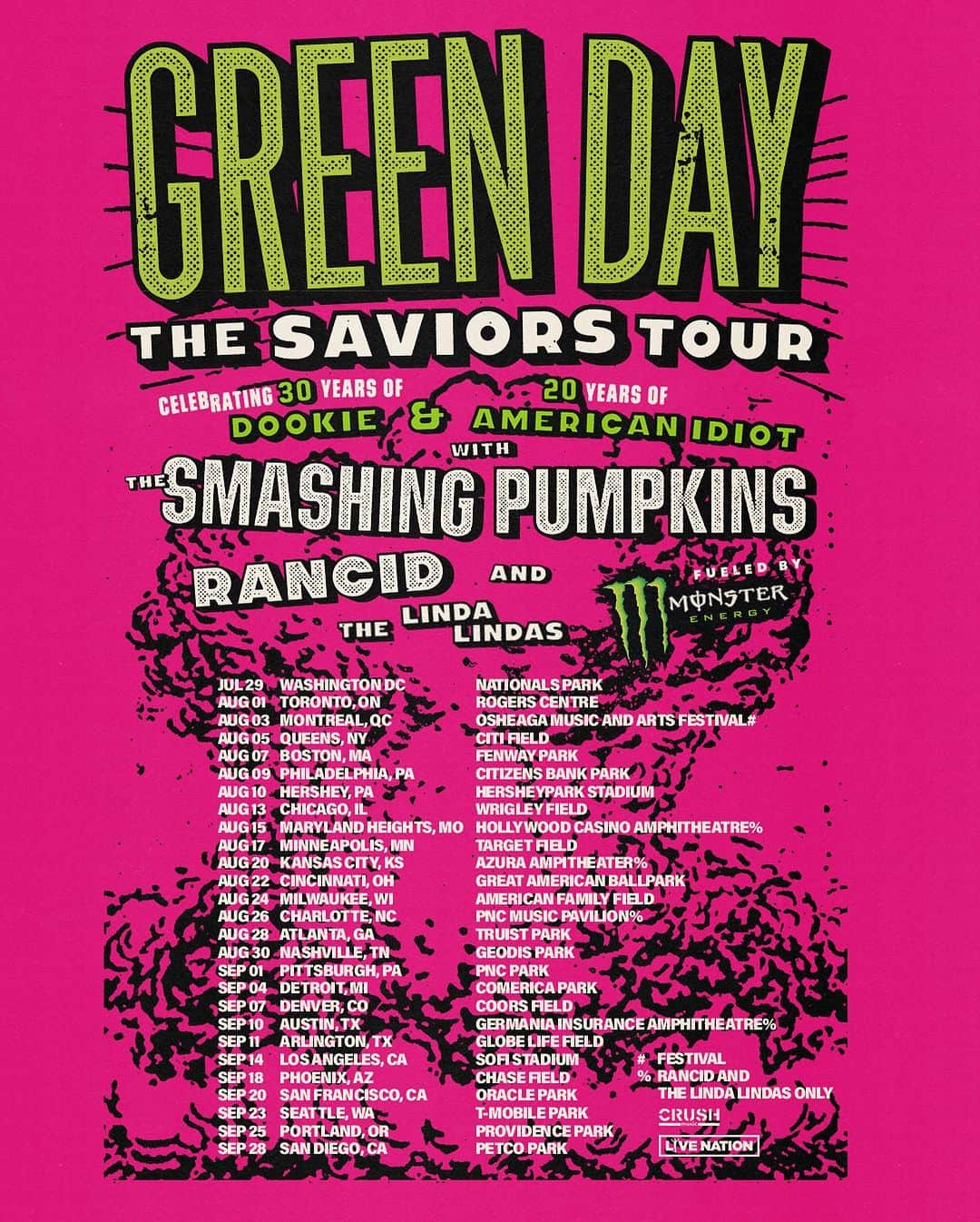 Green Dayさんのインスタグラム写真 - (Green DayInstagram)「It’s the moment you’ve been waiting for… taking The Saviors Tour on the road all summer long next year to celebrate 30 years of 'Dookie,' 20 years of 'American Idiot' + our new album 'Saviors'!!! Swipe for dates   NORTH AMERICA  We're heading out at the end of July with @smashingpumpkins, @rancid and @the_linda_lindas 🤯🤯🤯 fueled by @monsterenergy @monstermusic. Sign up to the mailing list by Tuesday, November 7th to get access to pre-sale tickets. The code will be sent at 3pm PT on the 7th. Pre-sale starts Wednesday, November 8th @ 10am local. General on sale is Friday, November 10th @ 10am local.   UNITED KINGDOM & EUROPE  We'll see you starting in June with support on select dates from @nothingbutthieves, @thehives, @donotsofficial, @theinterrupters and @maid_of_ace. Pre-order 'Saviors’ from our webstore by Tuesday, 7th November @ 3pm GMT to get access to pre-sale tickets. The codes will be sent Tuesday 7th, November @ 5pm GMT. Already pre-ordered from the store? You’ll be included! The pre-sale starts Wednesday, 8th November at  9:30am GMT / 10:30am CET. General on sale is Friday, 10th November @ 9:30am GMT / 10:30am CET.   Oh! We’re also headlining a buuuunch of festivals in Europe this summer too🤘  LOOK MA, NO BRAINS!  Last, but certainly not least, we have a new song out!!! Go go go listen to "Look Ma, No Brains!" + watch the vid on YouTube 🚫🧠 Links to everything in bio!」11月2日 22時03分 - greenday