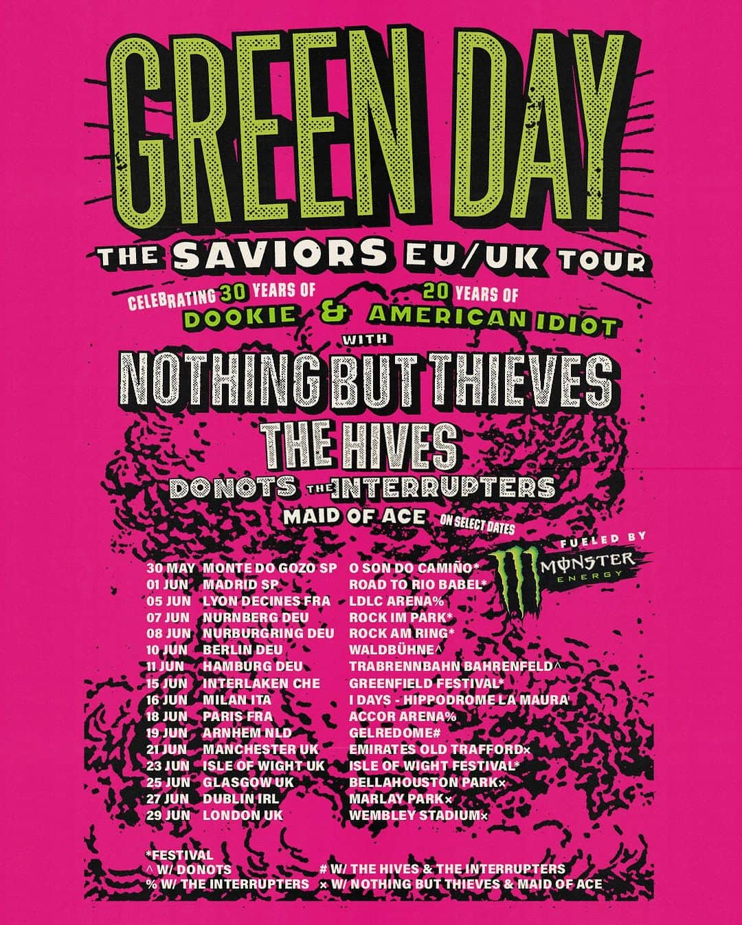 Green Dayさんのインスタグラム写真 - (Green DayInstagram)「It’s the moment you’ve been waiting for… taking The Saviors Tour on the road all summer long next year to celebrate 30 years of 'Dookie,' 20 years of 'American Idiot' + our new album 'Saviors'!!! Swipe for dates   NORTH AMERICA  We're heading out at the end of July with @smashingpumpkins, @rancid and @the_linda_lindas 🤯🤯🤯 fueled by @monsterenergy @monstermusic. Sign up to the mailing list by Tuesday, November 7th to get access to pre-sale tickets. The code will be sent at 3pm PT on the 7th. Pre-sale starts Wednesday, November 8th @ 10am local. General on sale is Friday, November 10th @ 10am local.   UNITED KINGDOM & EUROPE  We'll see you starting in June with support on select dates from @nothingbutthieves, @thehives, @donotsofficial, @theinterrupters and @maid_of_ace. Pre-order 'Saviors’ from our webstore by Tuesday, 7th November @ 3pm GMT to get access to pre-sale tickets. The codes will be sent Tuesday 7th, November @ 5pm GMT. Already pre-ordered from the store? You’ll be included! The pre-sale starts Wednesday, 8th November at  9:30am GMT / 10:30am CET. General on sale is Friday, 10th November @ 9:30am GMT / 10:30am CET.   Oh! We’re also headlining a buuuunch of festivals in Europe this summer too🤘  LOOK MA, NO BRAINS!  Last, but certainly not least, we have a new song out!!! Go go go listen to "Look Ma, No Brains!" + watch the vid on YouTube 🚫🧠 Links to everything in bio!」11月2日 22時03分 - greenday