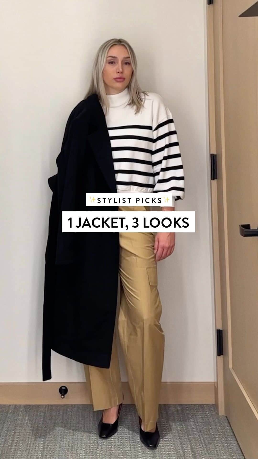 Nordstromのインスタグラム：「✨Stylist Tips✨​  Cooler weather’s here, and jackets are required. A longer, structured style will elevate all your looks—stylist @abbystyledme shows how to take it from dressy to casual:​  ​  1. Drape it over a dress and boots for an evening out.​  2. Layer it with a black bodysuit for errands around town.​  3. Wear it with a sweater and trousers for work.​  Find the season’s key pieces with personalized recs sent right to your inbox—it’s free! Request a look from our stylists at the link in bio.」