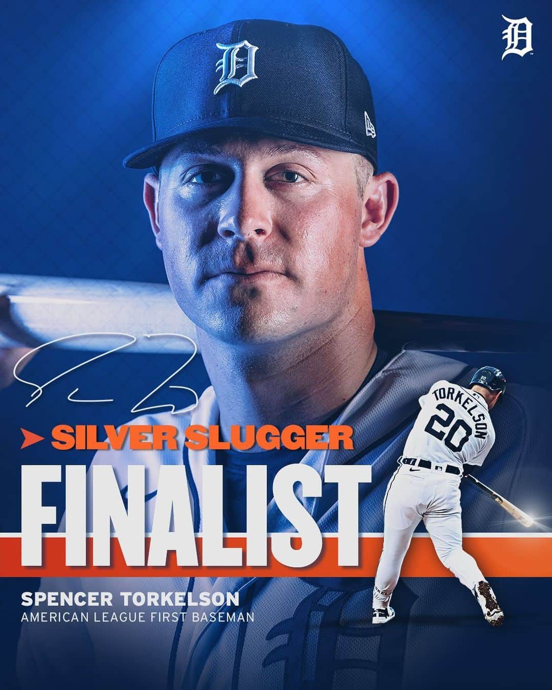 デトロイト・タイガースのインスタグラム：「Our 2023 home run leader is one of four finalists for the AL First Baseman Silver Slugger Award!  Congrats, @spencertorkelson 💪」