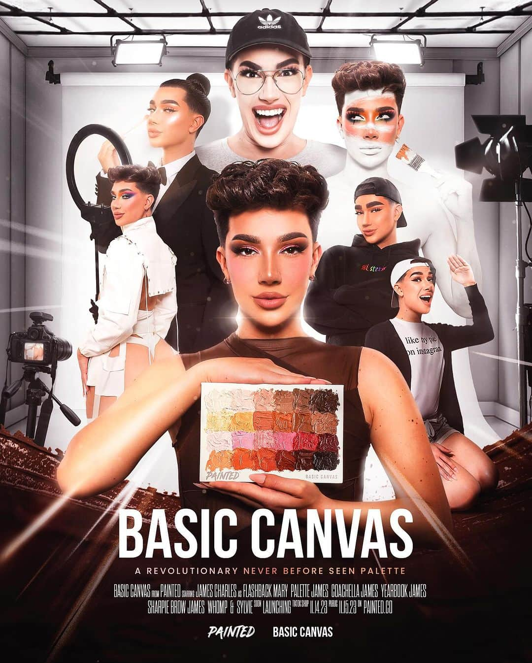 ジェームス・チャールズのインスタグラム：「JAMES CHARLES ERAS TOUR 😂 Basic Canvas by @painted.co reveal coming TOMORROW!  Launching Nov 14 on TikTok & Nov 15th on painted.co! 🎨🤍  Movie Poster by the INCREDIBLE @oskarbiehl 🎥」