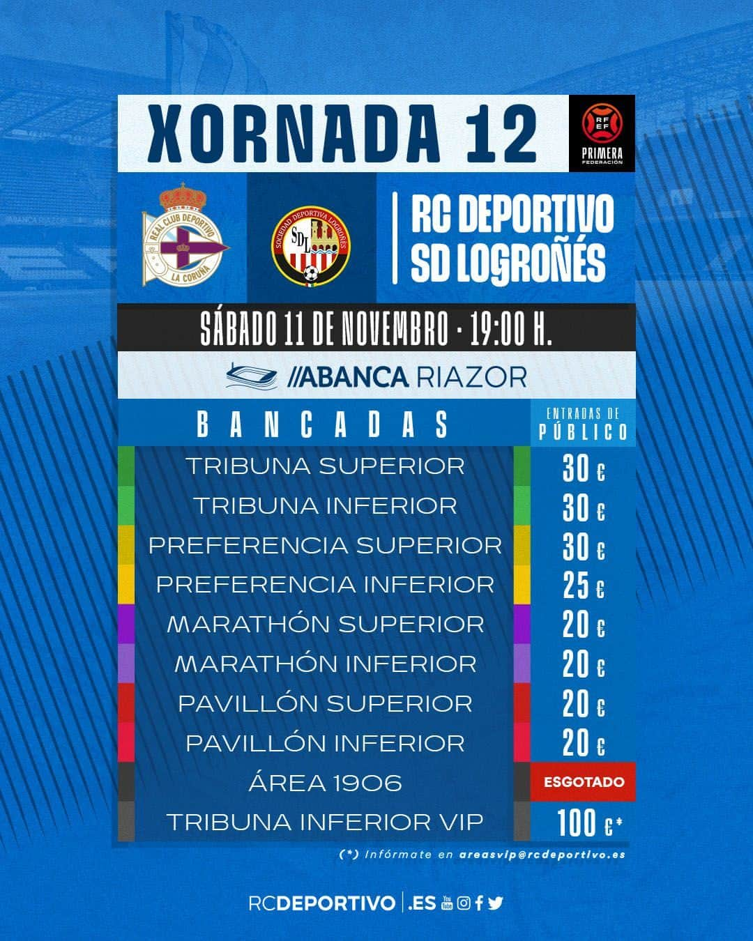 デポルティーボ・ラ・コルーニャのインスタグラム：「#ANOSAFORZA | Xa dispoñibles as entradas para o #Dépor 🆚 SD Logroñes.   👤 Físicamente 📍 OAD ⌚️ De 10:00 a 13:30 h e de 16:30 a 19:00h.  📲 A traves da web 🔗 bancada.rcdeportivo.es  Toda a info en 👉🏻 rcdeportivo.es」