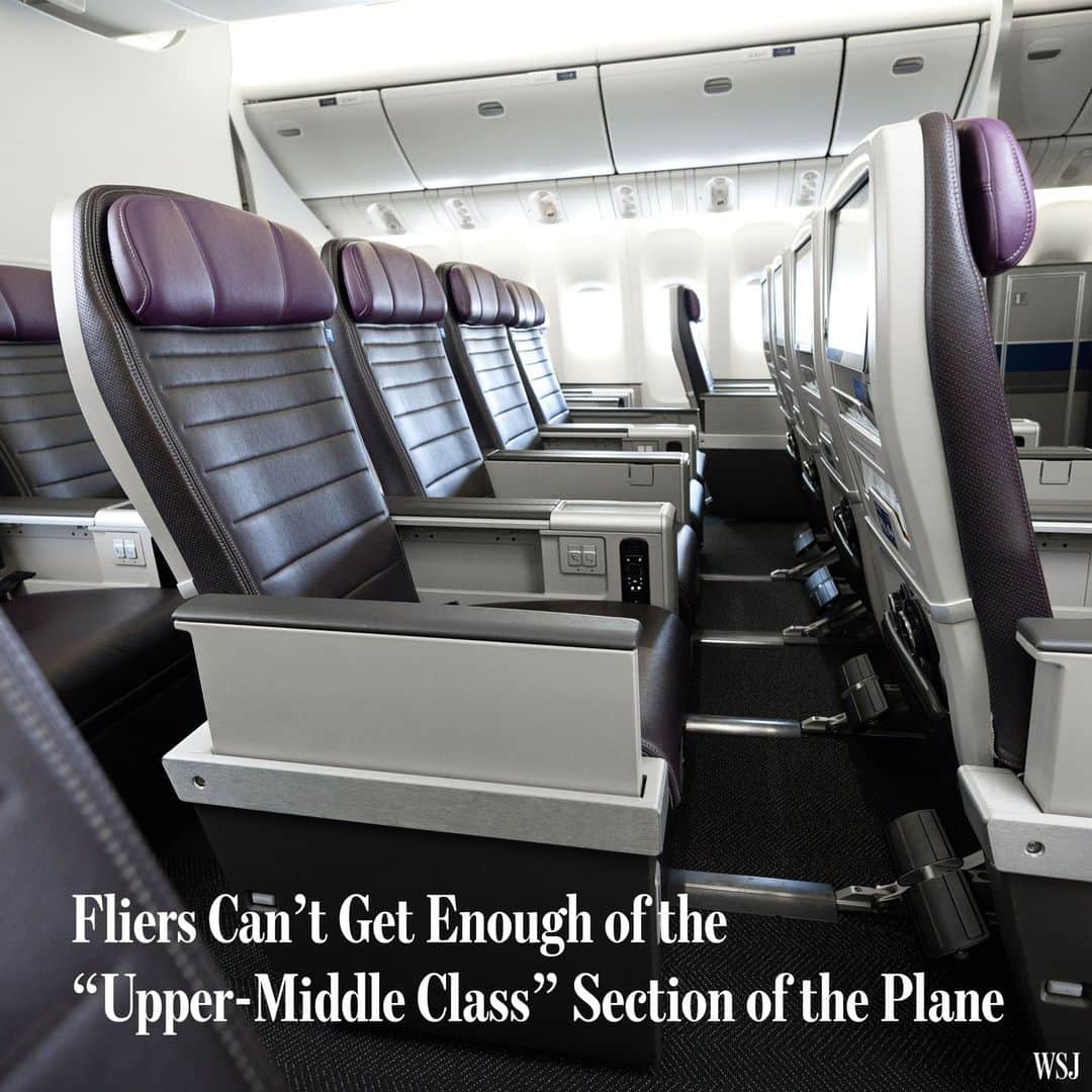 のインスタグラム：「The new hot section on the plane isn’t at the very front.⁠ ⁠ Not quite business class and definitely not coach, premium-economy cabins are hooking travelers willing to treat themselves to extra comfort for about double the price of a coach seat on some flights.⁠ ⁠ With offerings labeled Premium Plus, Premium Select or Premium Economy, airlines are expanding these sections, which typically come with roomy seats, early boarding, free alcohol and better meals. Airlines say they appeal to travelers with more disposable income, especially on long-haul flights where business-class seats can run thousands of dollars more.⁠ ⁠ “I refer to it as an upper-middle cabin for the upper-middle class,” says Jay Sorensen, an industry consultant and president of IdeaWorksCompany. These sections appeal to travelers on work trips with budget-conscious employers, and vacationers who want some comforts without shelling out for business class.⁠ ⁠ For flights to Europe from the U.S., round-trip tickets in the premium-economy cabin average about double the cost of main-cabin tickets, according to a fare analysis conducted by IdeaWorksCompany. Business-class seats on those routes are roughly double the cost of premium-economy seats, the analysis found.⁠ ⁠ Travelers who do the math on upgrades say the decision depends on the costs, which can vary depending on demand and time of purchase. Customers also factor in flight length, whom they are traveling with and how much legroom they need. ⁠ ⁠ Read more at the link in our bio.⁠ ⁠ Photo: United」
