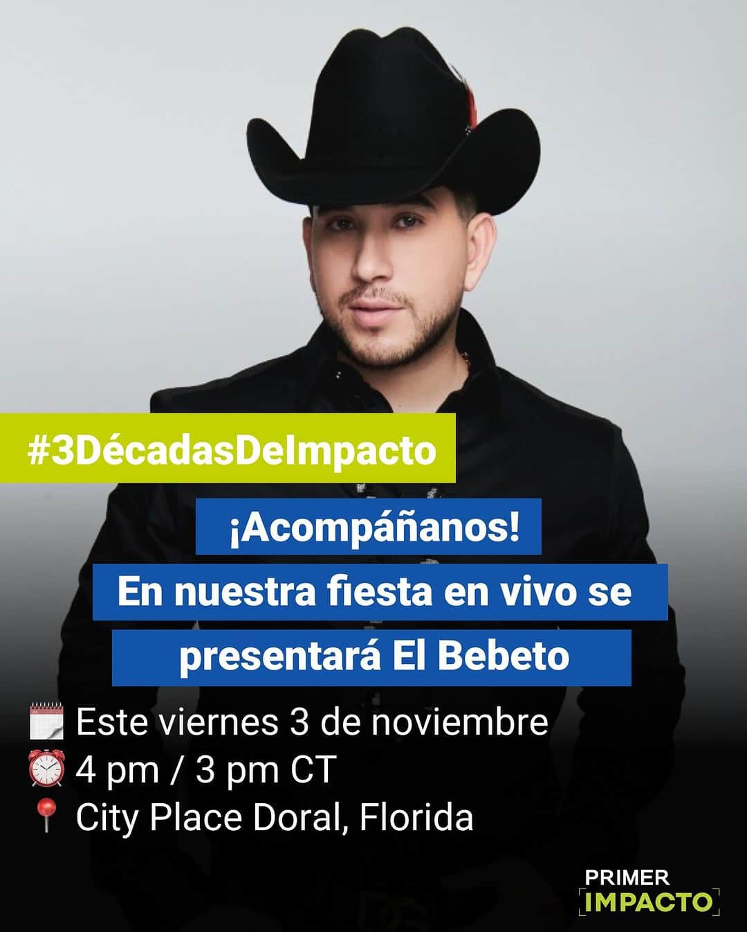 Primer Impactoのインスタグラム：「😎 Como parte de las celebraciones por nuestros 30 años, Primer Impacto recibe “Las llaves de la ciudad de Doral” y para este importante evento contaremos con la música de @Elbebeto 🎶.  🗓️ Acompáñanos este viernes 3 de noviembre.  ⏰ A las 4PM/3C.  📍En City Place Doral: 8300 NW 36th St, Doral, FL 33166.  #3DécadasDeImpacto」