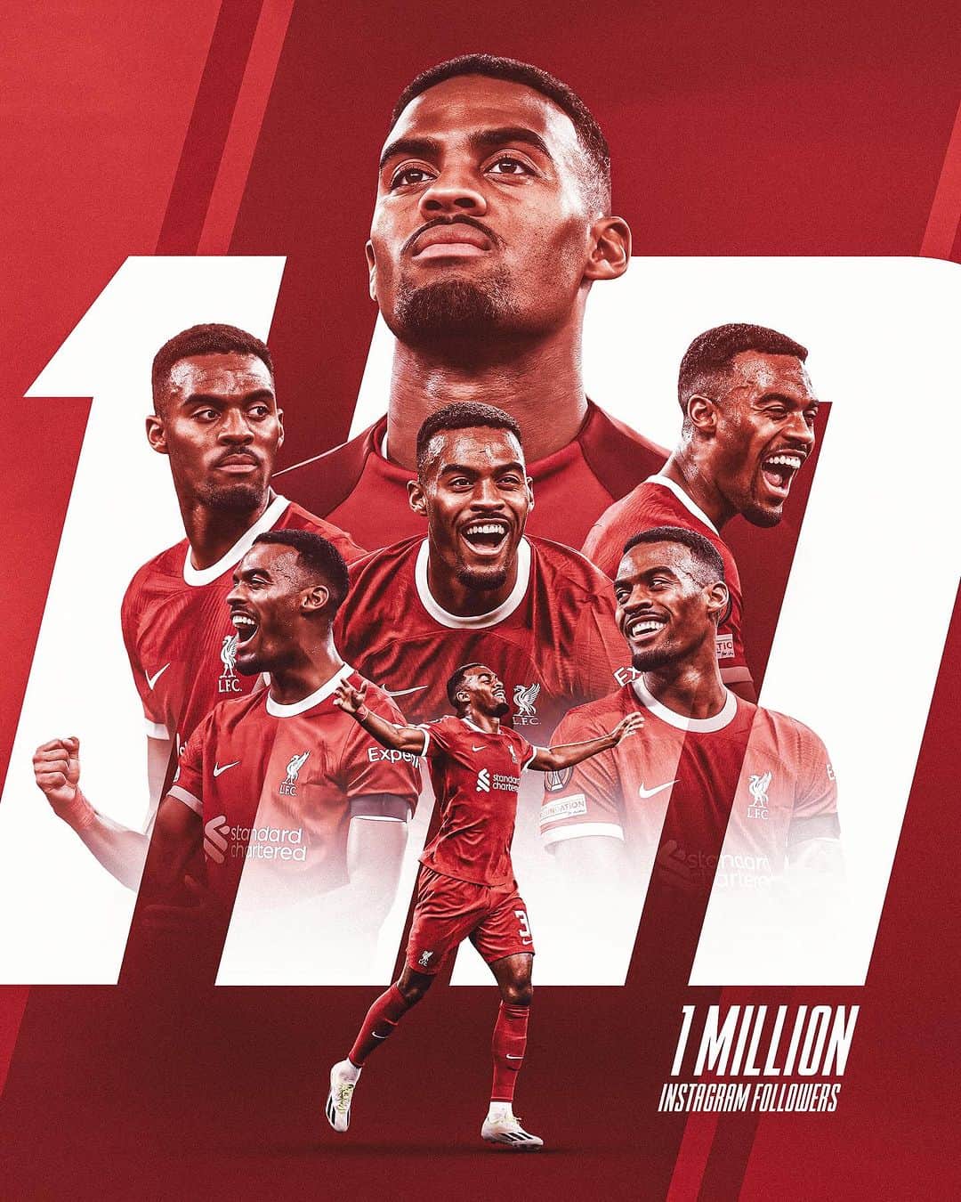 ライアン・フラーフェンベルフのインスタグラム：「1.000.000 followers - 𝐓𝐇𝐀𝐍𝐊 𝐘𝐎𝐔 for the support and for being part of my journey ♥️  🔜 @LiverpoolFC signed shirt giveaway 😁」