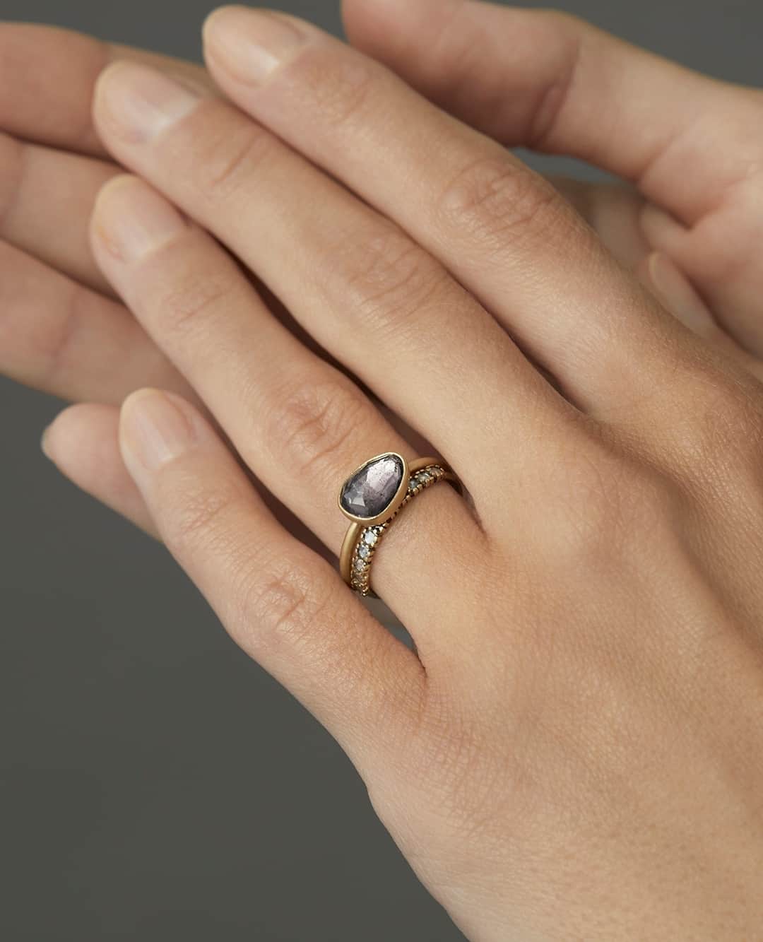サトミ カワキタのインスタグラム：「This 1.41 Carat One-of-a-Kind Rose Cut Purple Tourmaline Ring is as breathtaking when worn on its own as it is when paired with a beautiful half eternity band.」