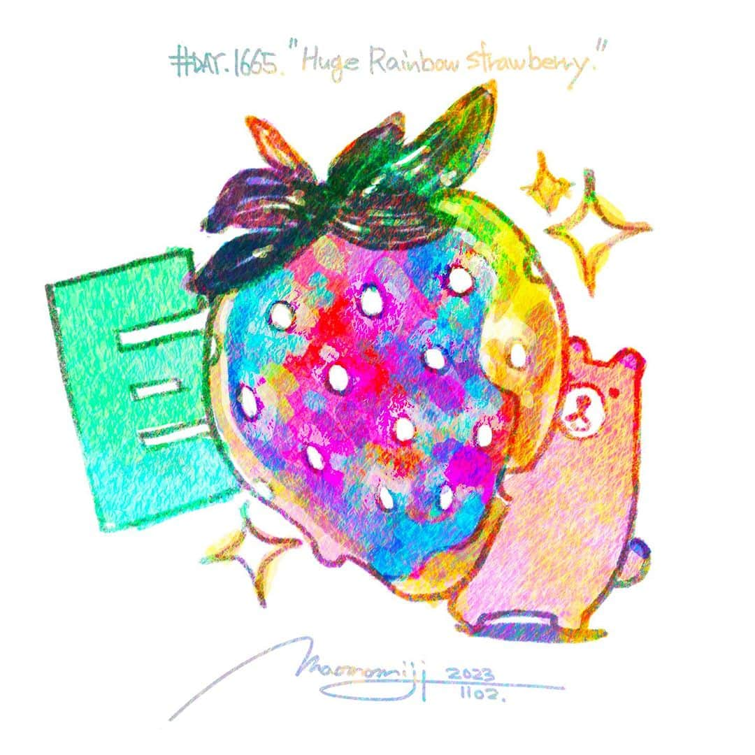 もみじ真魚のインスタグラム：「『#1665/「Huge rainbow strawberry.」』  もみじ真魚/MaoMomiji 2023年11月3日 00:40  “The justice of being big, beautiful, and cute.” Continuing from yesterday, I am creating while thinking about ideas and originality. This time, I will express it by adding things that I like. I like thinking about things colorfully, and I feel that this is my specialty. I also like animals!  「大きくて綺麗で可愛いという正義」 昨日に引き続き、アイデアやオリジナリティを考えて制作をしています。今回は好きなものを組み合わせた足し算での表現、カラフルにものを考えるのは好きだし得意分野じゃないかなと自分で感じています。動物も好き！  #日刊ごはんが好き #foodie #foodieart #dailyilovefood  #毎日更新 #foodillustration #fooddrawing #もみじ真魚 #maomomiji #飯テロ #美食 #strawberry」