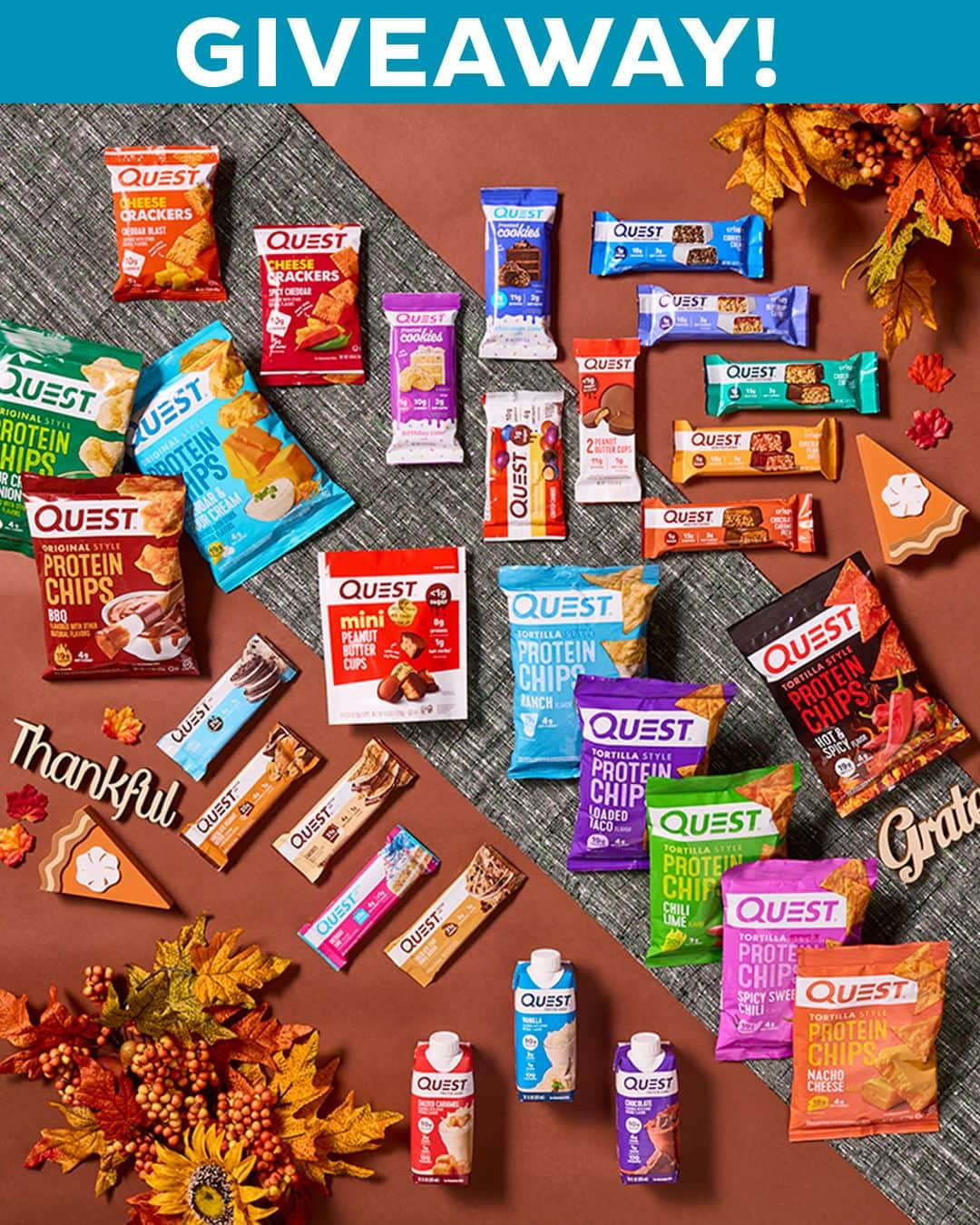 questnutritionのインスタグラム：「NOVEMBER GIVEAWAY! 🥳💙🙏 It’s the month of gratitude & we’re giving THIRTY (30) WINNERS a HUGE Quest bundle (everything pictured) because we appreciate YOU! 🎉🙌 • TO ENTER, see the steps below: 1️⃣. LIKE this post. 2️⃣. FOLLOW @questnutrition. (We check 🧐) 3️⃣. TAG A FRIEND you’re thankful for.👇 (You can tag multiple friends. ONE FRIEND ONLY TAGGED PER COMMENT. The more people you tag = higher chance of winning. So tag as many of those special people away! 🎉) • *THIRTY WINNERS WILL BE RANDOMLY DRAWN & ANNOUNCED ON 11/11/23 (after 7 p.m. PT) IN OUR IG STORIES IN THIS ACCOUNT ONLY - WE’LL SAVE THE WINNERS IN OUR HIGHLIGHTS. WE ARE THE ONLY OFFICIAL @QUESTNUTRITION ACCOUNT. PLEASE BEWARE OF SCAMMERS & FAKE ACCOUNTS WHO WILL DM YOU CLAIMING TO BE US ASKING FOR SENSITIVE INFO - REPORT THEM!* • U.S. winners only. Must be 18+ or older to win. Each winner will win: (1) 8- twin pack Birthday Cake Frosted Cookies, (1) 8- twin pack Chocolate Cake Frosted Cookies, (1) Peanut Butter Cups 4-Pack, (1) Chocolate Chip Cookie Dough #QuestBar 4-Pack, (1) Cookies & Cream #QuestBars, 4-Pack, (1) Chocolate Peanut Butter Quest Bars 4-Pack, (1) Birthday Cake Quest Bar 4-Pack, (1) S’mores Quest Bar 4-Pack, (1) Chocolate Peanut Butter Quest Bar 4-Pack, (1) 4-pack Blueberry Cobbler #HeroBars, (1) 4-pack Chocolate Caramel Pecan #HeroBar, (1) 4-Pack Chocolate Peanut Butter Hero Bar, (1) 4-pack Cookies & Cream Hero Bar, & (1) 4-pack Chocolate Coconut Hero Bars, (1) 8-pack BBQ Chips, (1) 8-pack Sour Cream & Onion Chips, (1) 8-pack Cheddar & Sour Cream Chips, (1) 8-pack Nacho Cheese #QuestChips, (1) 8-pack Loaded Taco Chips, (1) 8-pack Chili Lime Chips, (1) 8-pack Ranch Chips, (1) 8-pack of Spicy Sweet Chili Chips, (1) 8-pack Hot & Spicy Chips, (1) 8-Pack Goody Caramel #CandyBites, (1) 8-Pack Coconutty Caramel Candy Bites, (1) 4-pack Vanilla Quest Shake, (1) 4-pack Chocolate Quest Shake, (1) 4-Pack Salted Caramel Quest Shake, (1) 4-pack Cheddar Blast Cheese Crackers, (1) 4-pack Spicy Cheddar Cheese Crackers, (1) 16-pack mini Peanut Butter Cups, & (1) 4-pack Chocolatey Peanut Coated Candies. Contest is not affiliated with Instagram. Good luck! #OnaQuest #questnutrition」