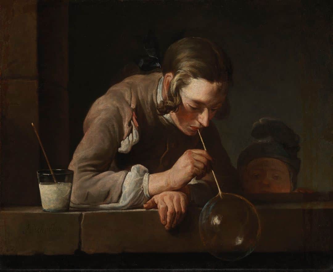ロサンゼルスカウンティ美術館のインスタグラム：「everyone's favorite bubble boy 💭   Jean-Baptiste-Simeon Chardin, the French painter of this work ↑ was born on this day in 1699 in Paris. In 1757, Louis XV granted him a studio and living quarters in the Louvre, and even though he was self-taught, he was considered a master of still life and was no stranger to taking his time—Chardin painted only slightly more than 200 pictures (about four a year) in his lifetime.」