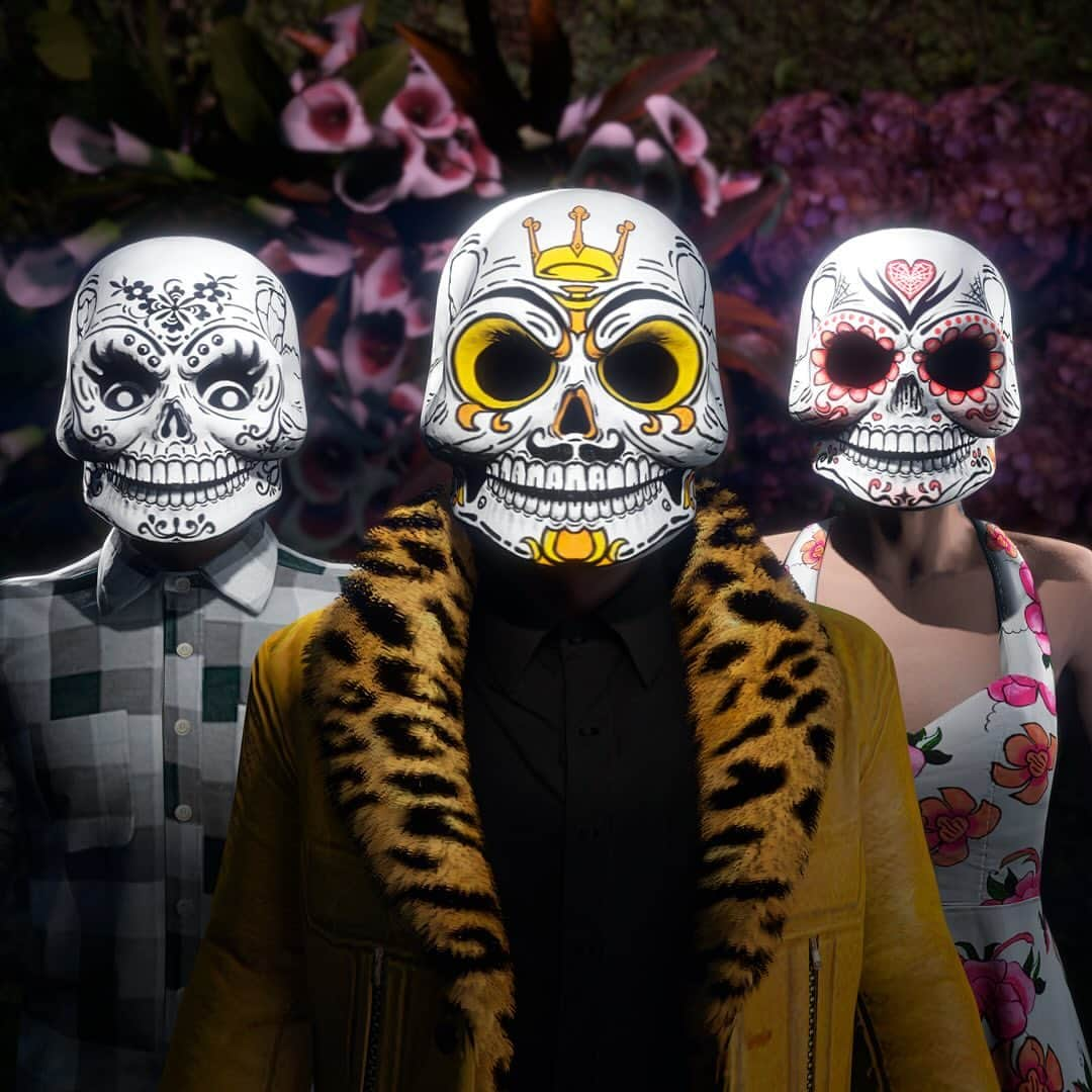 ロックスター・ゲームズのインスタグラム：「Day of the Dead provides an extra dose of the otherworldly, celebrate in GTA Online with a trio of masks.  Get the Royal Calaca Mask, Romance Calaca Mask, and Floral Calaca Mask by logging in to play anytime this week. Visit the link in our bio to the Rockstar Newswire for more details on this week’s GTA Online bonuses.」