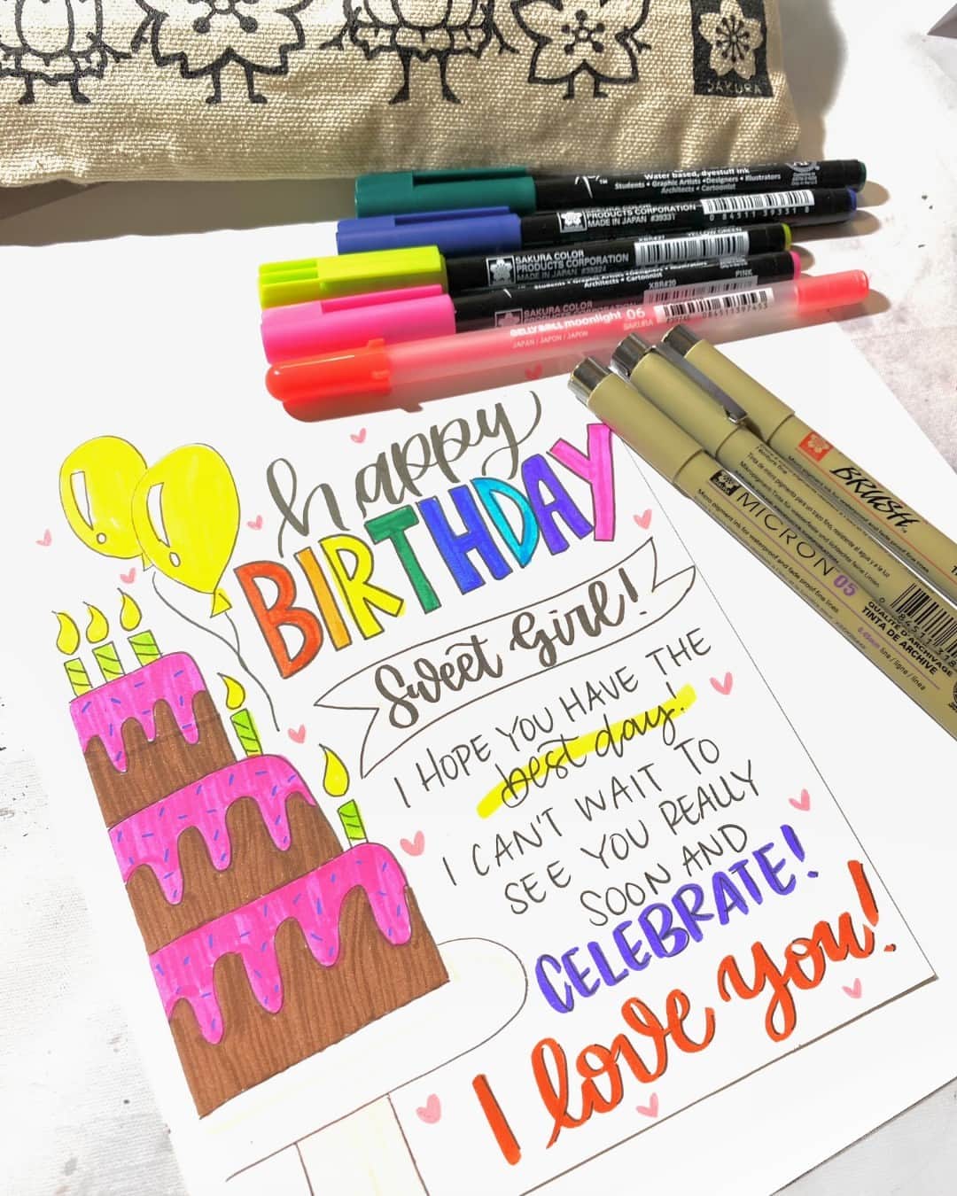 Sakura of America（サクラクレパス）のインスタグラム：「Hello, I'm Jenn (@divinejoyscript) and a handwriting artist with @punkpostco! One of the most popular reasons to send cards is for birthdays. I used this Punkpost order as a chance to show off what my favorite Sakura products can do.   You can swipe through my images to see a progression from sketch to completed birthday card. First, I started with the Sakura mechanical pencil. It’s my go-to when I need to draw my doodle out first, such as this cake and banner. Then, I used a Micron to trace my final design. Once I erased the pencil with a SumoGrip eraser, I colored everything in with the Koi Coloring Brush pens. I love that none of these pens smear when I color it in. Lastly, I used the Gelly Roll Moonlight pens to add final details to the card. I love the way it turned out, and I hope the birthday person does, too!」