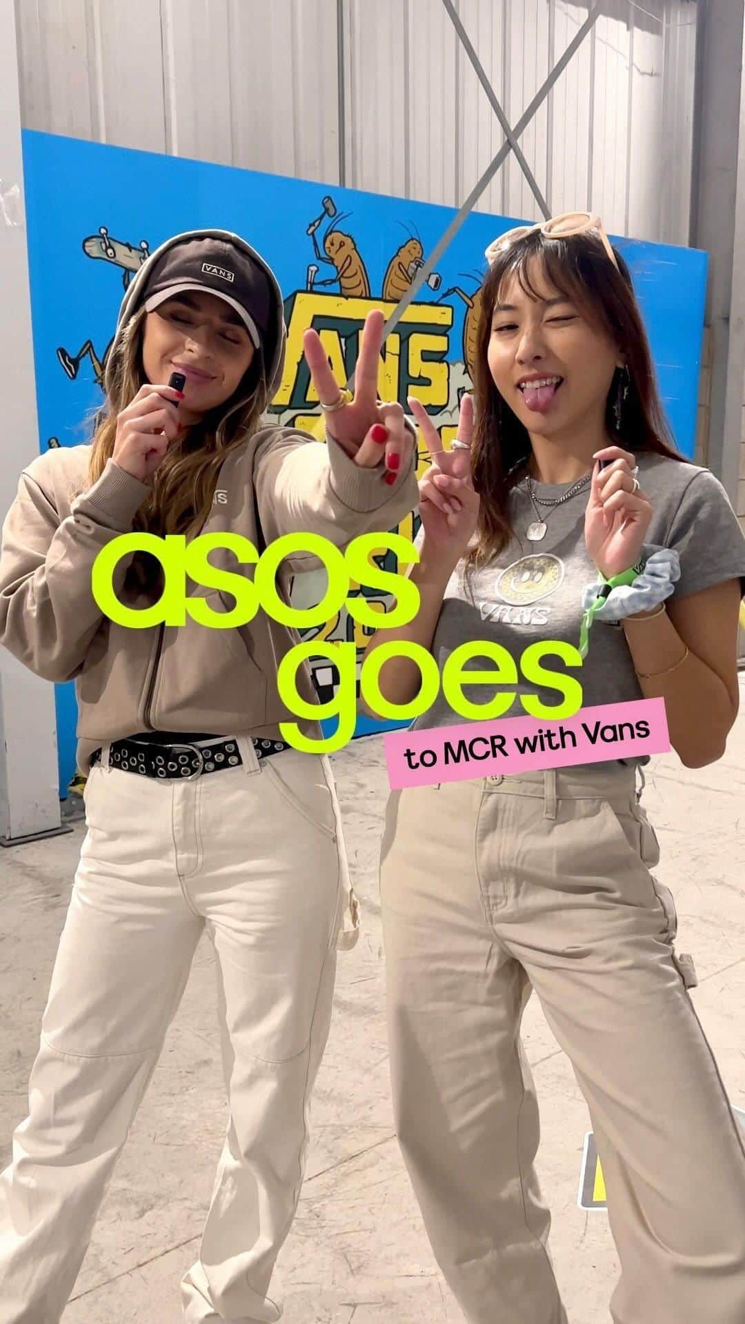 ASOSのインスタグラム：「Spot the steeze at the @vans_europe Shop Riot finals 2023 🏆🛹  Anna and Mini headed to Manchester to watch local skate shop teams across Europe compete to be #1!! S/O to @helenalegslong for giving us her skate style tips too 🤝   Shop the looks RN on stories!   🔎 Search ‘Vans’ on ASOS」
