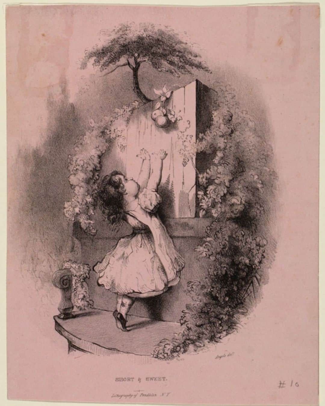 スミソニアン博物館のインスタグラム：「✨ “Who’s that wonderful girl? Could she be any cuter?” ✨   This 1830s lithograph print, “Short & Sweet,” depicts a little girl stretching up to reach a piece of hanging fruit. In the 1800s, prints like this were created to depict a romantic view of domestic life.  Children were often seen in nature, caring for pets, or learning about the world around them. Because they were mass produced and widely distributed, these prints also inspired a generation of artists to create their own pictures.   🖼️ : Harry T. Peters “America on Stone” Lithography Collection. Collection of our @amhistorymuseum.」