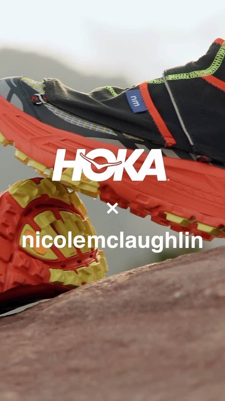 ホカオネオネのインスタグラム：「The @nicolemclaughlin x @hoka collab is as inimitable as the designer herself. Based on the Mafate Three2, it not only sports a unique colorway but also a trail-ready gator that includes one of Nicole’s favorite features: pockets. 🤩  NM x HOKA dropping tomorrow, 11.3.23 ✨  🎥: @odysymedia   #FlyHumanFly #HOKA #SustainableDesign #TrailRunning」