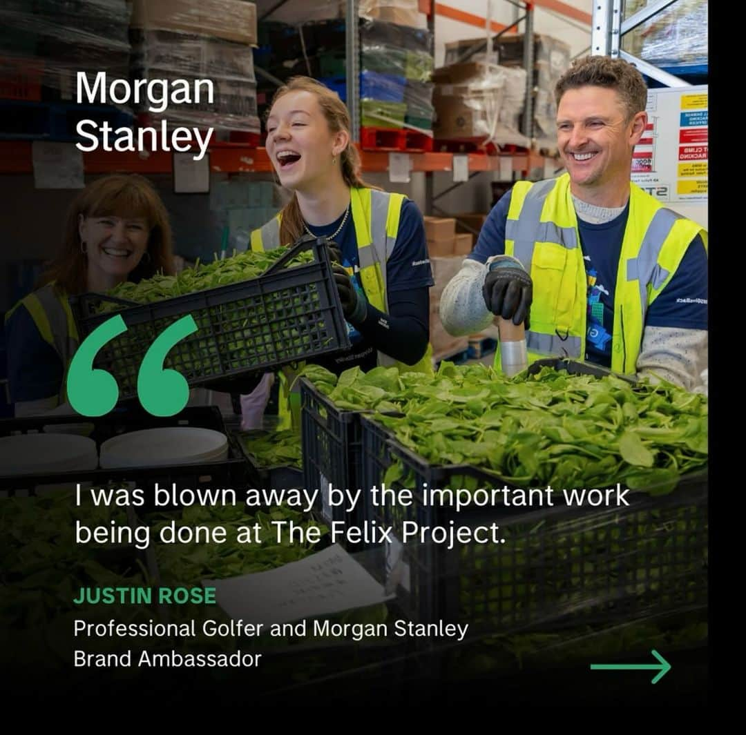 ジャスティン・ローズのインスタグラム：「Justin and Kate Rose swung by our London charity partner @thefelixproject to help address food insecurity- an issue that impacts 1 in 4 working London households. Alongside our employee volunteers including Kim Lazaroo, Chair of the Morgan Stanley International Foundation, @justinprose99 and @katevrose sorted through quality surplus food that will go on to provide much-needed meals for local charities and schools.   Find out more about The Felix Project through the link in our bio.」