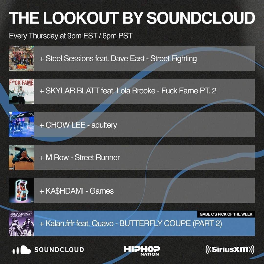 サウンドクラウドのインスタグラム：「You already know what Thursday means 🖤 Check out THE LOOKOUT by SoundCloud tonight on @hiphopnation (Channel 44) at 9PM EST. / 6PM PST. #TheLookout #SoundCloud #SoundCloudRadio #SiriusXM」