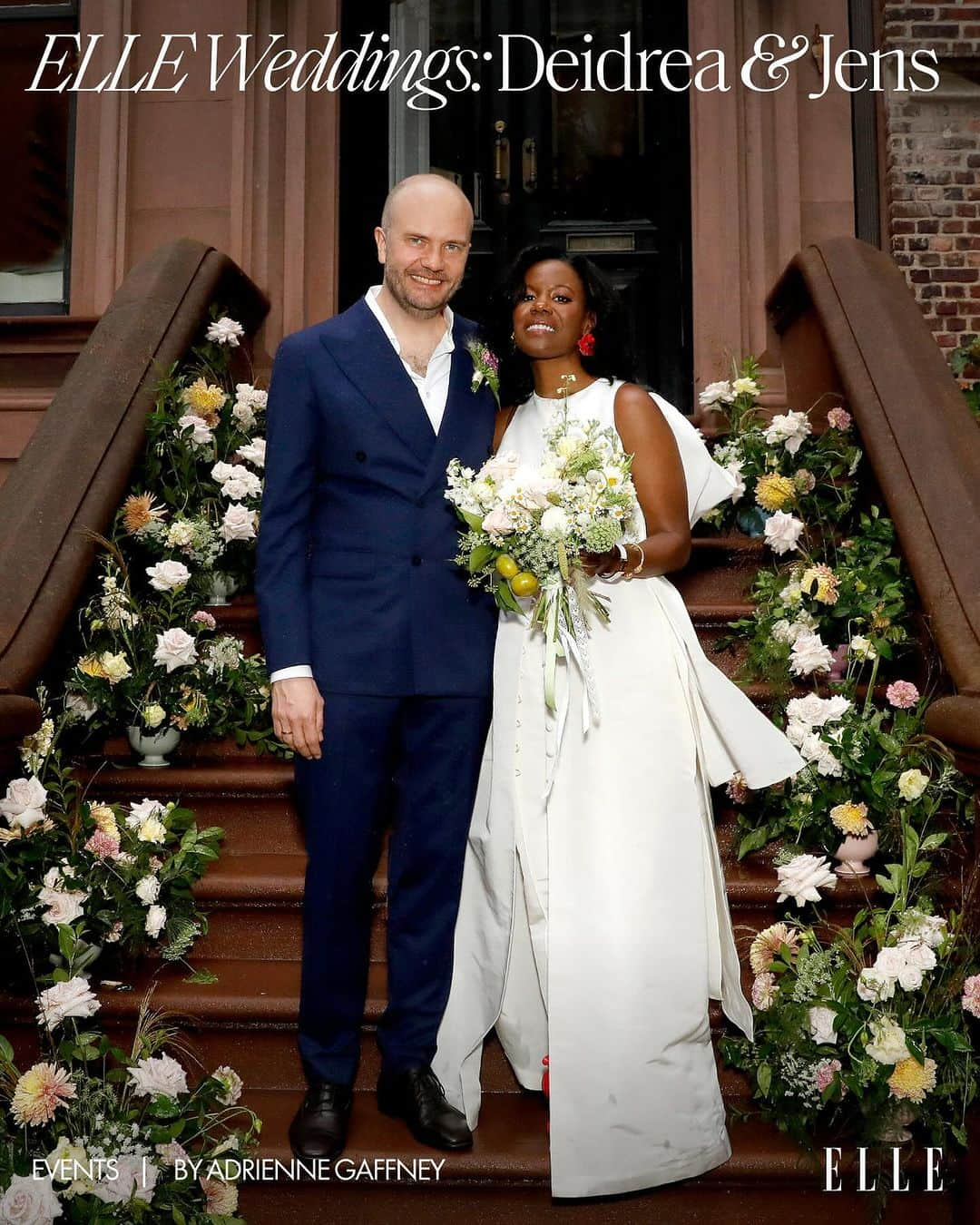 ELLE Magazineのインスタグラム：「They wanted to honor their cultures, celebrate their families, listen to ABBA, and, above all, have fun.   Brooklyn couple Deidrea Miller and Jens Knudsen’s truly moving wedding, officiated by former New York City mayor Bill de Blasio, included a performance from the Abyssinian Baptist Church choir, a custom @rosie_assoulin look, some next level @loewe heels, and was full of love. See more at the link in bio. ❤️ Photos: @belathee」