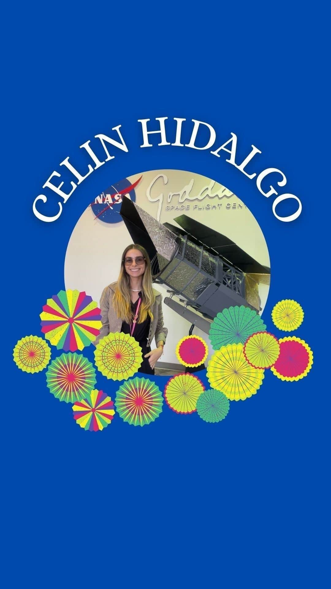 NASAのインスタグラム：「Meet Goddard intern Celin Hidalgo! 👋 In this installment of Conversations with Goddard, Celin talks about her role at Goddard and how important her contribution is in working with the @nasa_es team. She’s an intern and researcher but when she’s not working, you’ll find her traveling or solving the Wordle!   Read (and watch!) more #ConversationsWithGoddard at nasa.gov/goddard/people!  Video Description:  00:00 A animated graphic that reads “Celin Hidalgo and GSFC Intern” in the center and multicolored fans framing the name with a blue background. 00:05 A woman, Celin Hidalgo, with glasses and light brown hair appears wearing a blue sweater with a NASA pin. She’s holding a microphone as she speaks. 00:18 An image of Celin appears as she’s speaking. In the image, she’s posing in front of the Nancy Grace Roman Space Telescope Model. 00:19 Celin stands in front of a green screen in a studio while a camera is aimed at her. She’s wearing a blue NASA Goddard collard shirt and black pants. 00:21 A selfie of Celin posing in front of the NASA logo. She’s wearing a NASA blue collared shirt and her lanyard is decorated with NASA themed pins. 00:22 Two images appear of Celin on the top and bottom of the screen. On the top, Celin is wearing a black blazer with a white shirt. She’s taking a selfie with astronaut Nicole A. Mann. Nicole A. Mann is wearing a blue jumpsuit that’s decorated with NASA mission badges. On the bottom image, Celin’s wearing a black shirt and sitting in a podcasting studio. 00:24 Back to Celin talking. 00:38 Another image of Celin wearing white and posing at NASA headquarters. 00:41 Back to Celin talking. 00:47 The video fades to black.」