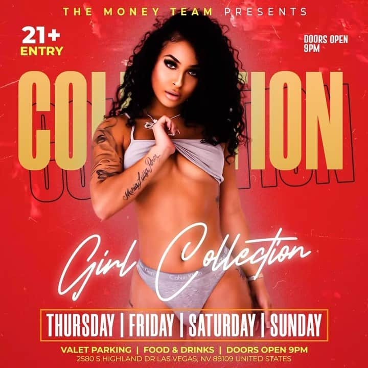 フロイド・メイウェザー・ジュニアのインスタグラム：「GIRL COLLECTION IS THE PLACE TO BE IN VEGAS ALL WEEKEND LONG  DOOR OPENS @ 9:00pm   •THURSDAY •FRIDAY •SATURDAY •SUNDAY  Must be 21 To Enter.  Ladies are welcome with or without male companion.  Come party at the best most luxurious venue in Las Vegas “Girl Collection”  GIRL COLLECTION 2580 S Highland Dr Las Vegas, NV 89109 1 -(844) 447-5758  #GirlCollection」