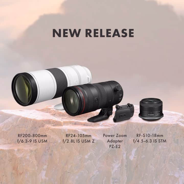 Canon Asiaのインスタグラム：「🆕 Canon covers all the bases with its latest batch of lenses: ✨ RF200-800mm f/6.3-9 IS USM ✨ RF24-105mm f/2.8 L IS USM Z & Power Zoom Adapter PZ-E2 ✨ RF-S10-18mm f/4.5-6.3 IS STM  The Canon RF200-800mm f/6.3-9 IS USM features a super-telephoto design with an 800mm telephoto end, while the RF24-105mm f/2.8 L IS USM Z supports variable focal lengths with a constant f/2.8 aperture. Pairing this with the PZ-E2 adds the benefit of keeping videos jitter-free, thanks to the smoother and more precise zooming. Finally, the RF-S10-18mm f/4.5-6.3 IS STM arrives as the first ultra-wide-angle zoom lens in the RF-S series.  Find out more about this latest release – link in bio! - #TeamCanon #CanonAsia #CanonPhotography #CanonPhoto #CanonImages #CanonEOSR #Mirrorless #CanonLens #CanonColourScience #IAmCanon」