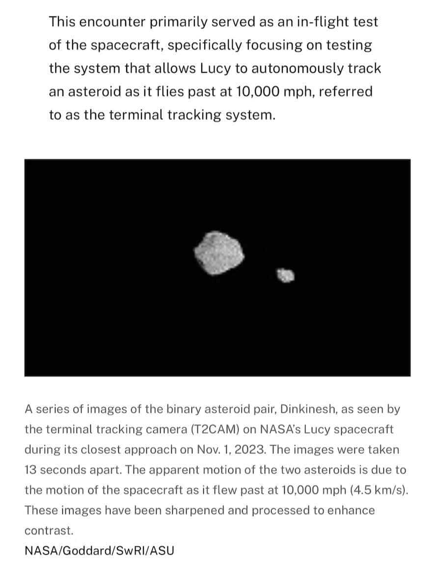 のインスタグラム：「Asteroid Dinkinesh viewed from the LUCY spacecraft in yesterday’s fly-by.  From the NASA website.  Check it out !! 💥💥💥💥. Stereo opportunities !!! Bri」