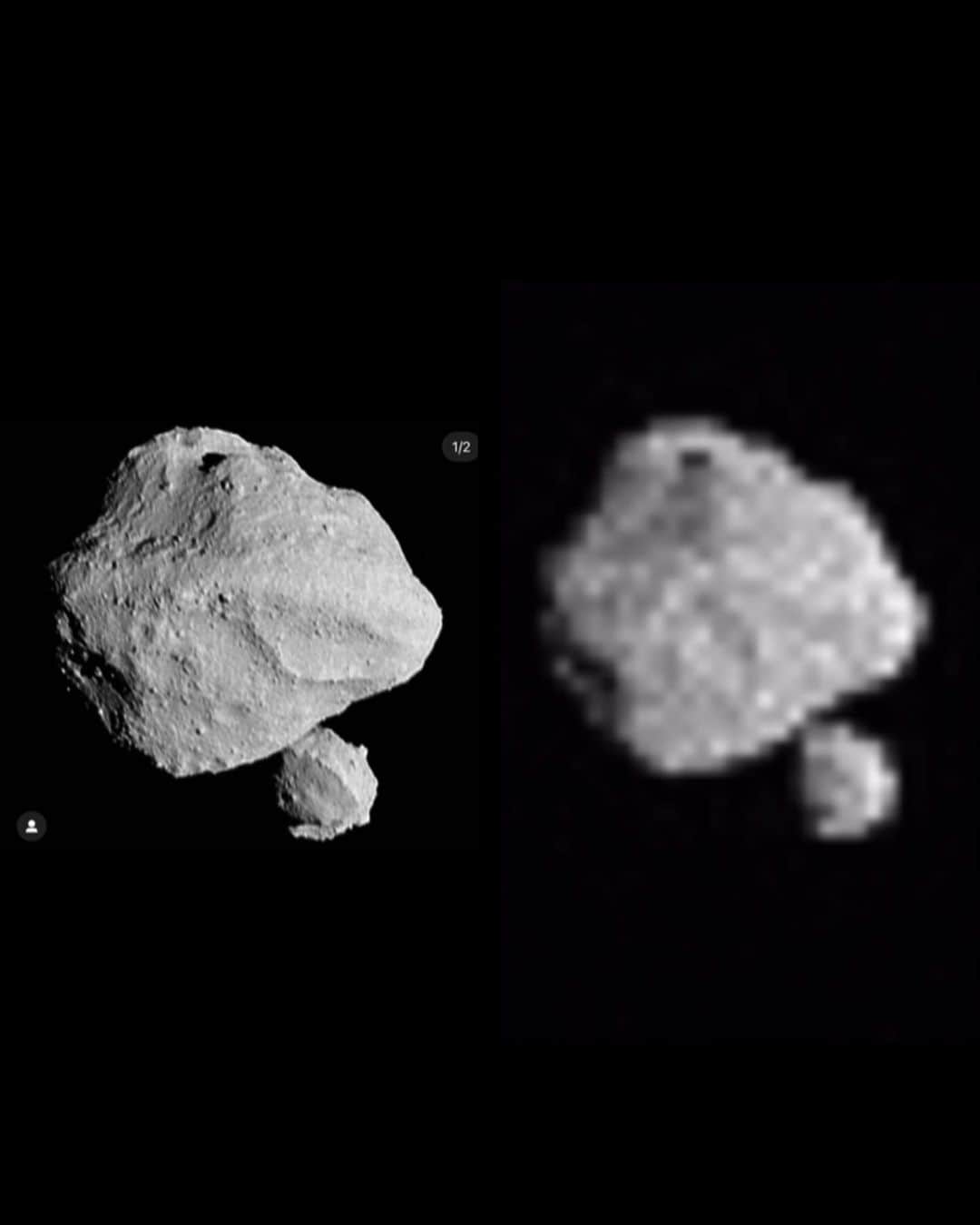 のインスタグラム：「DINKINESH - the newly discovered (as of today!) binary asteroid - viewed in parallel stereo and - SWIPE - cross eyed stereo.  This is a very rough and ready assembly - and you can see that the resolution is much better on one side than the other.  But our brains are quite forgiving when presented with stereo … we can ‘see through’ the lack of resolution for one eye.  Try it !! Hopefully we’ll get an opportunity for a really high quality stereo soon.  Credit : NASA/Goddard/SwRI/ ASU … stereo : May/Manzoni. —— Bri」