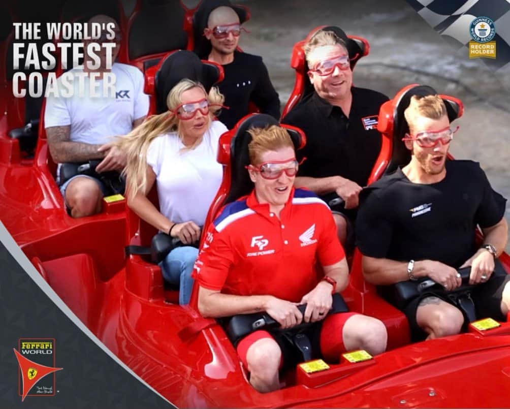 Racer X Onlineのインスタグラム：「Ken Roczen, Max Anstie and TV hosts Grant Langston and Kristen Beat braved the world’s fastest rollercoaster in Abu Dhabi today in the run-up to Saturday’s Round 2 of WSX and according to GL, one went 160 mph!   Grant told us, “It’s really cool, and they have about a half a dozen roller coasters..but the fastest one hits over 160 miles an hour in I believe 3 seconds. Nuts!” @wsxchampionship @grantlangston8 @kenroczen94 @maxanstie @kristen_beat #WSX」