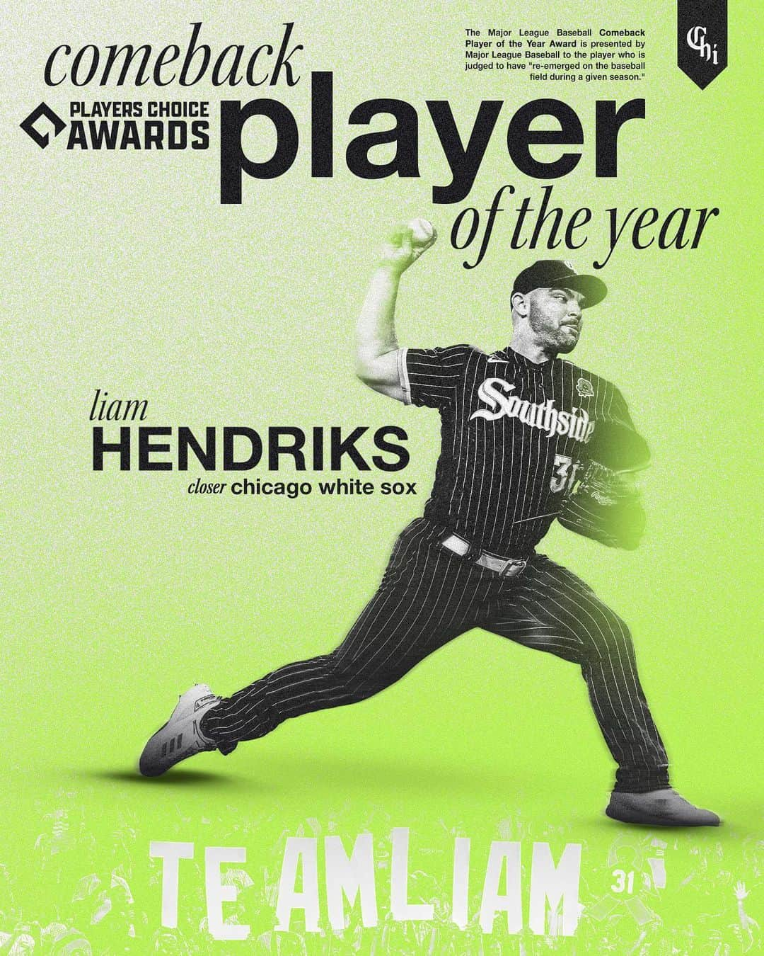 シカゴ・ホワイトソックスのインスタグラム：「So much bigger than baseball. Liam Hendriks has been named AL Comeback Player of the Year! 💚」