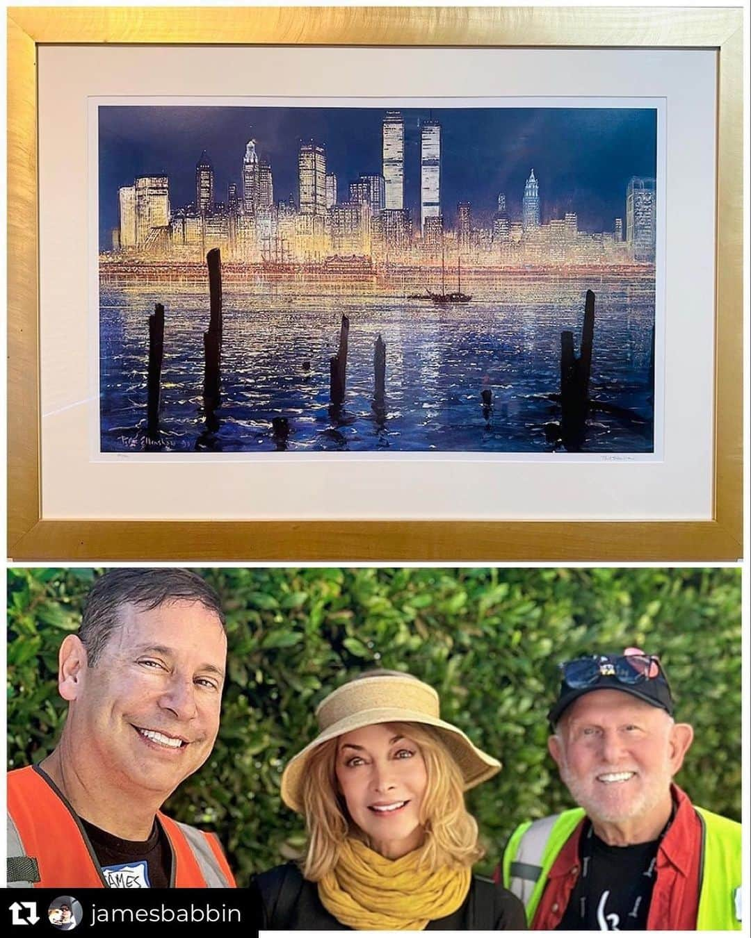 シャロン・ローレンスのインスタグラム：「🙏🏻This is so lovely and loving. What a unique gift my beloved and dearly missed inlaws have contributed to our picket line community. They would be so proud ❤️ Repost @jamesbabbin - Here’s a nice story. Some time ago, my sister gifted me a beautiful print of Lower Manhattan, including the World Trade Center, by the artist Peter Ellenshaw. It was from the Aragon Gallery in Sudbury, MA, who framed the artwork.  The owners proudly spoke of their daughter-in-law. When I moved to LA a year or two later, I always wondered if I would get to meet her and tell her how nice her folks are. Today, I did. On top of being an outstanding actress, Sharon Lawrence @sharonelawrence is a beautiful person who is a VP of the nonprofit SAG-AFTRA Foundation @sagaftrafound, which has supported fellow members during this work stoppage. It also has an excellent VO Lab and many educational programs. It embodies how we are stronger together when we support one another.  Sharon is also very active in @healthebay, an environmental nonprofit dedicated to making the coastal waters and watersheds in Greater Los Angeles safe, healthy, and clean. A great way to get involved with Heal The Bay is to partake in one of their periodic community beach cleanups.   #SAGAFTRAstrong #HollywoodOnStrike #Sudbury #FineArt #Community #enviornment」