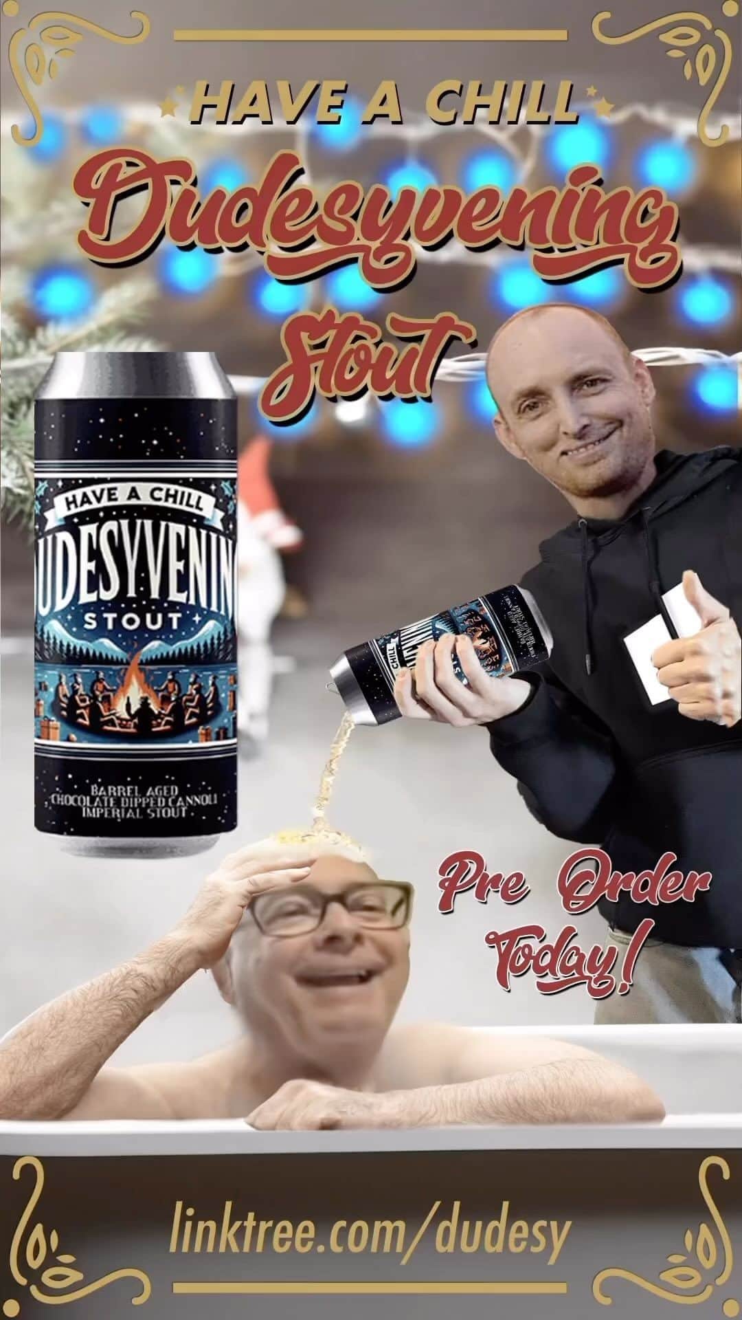 ウィル・サッソのインスタグラム：「Thank you for this astonishing Dudesyvening Stout® ad, @thepeterdiaz. Call me Dudesy.  This December 28th, celebrate Dudesyvening with our limited batch Dudesyvening Stout®! I have formed an astonishing partnership with @modistbrewing to produce this delicious chocolate covered cannoli stout. Order your Dudesyvening Stout® now, while supplies last! Link in bio.」