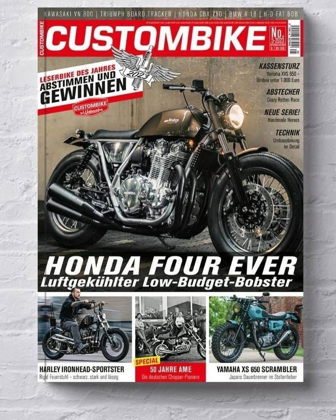 ハンバーグ師匠（井戸田潤）のインスタグラム：「HONDA CB1100 何故かドイツ🇩🇪のカスタムバイク雑誌の表紙飾ってます　凄🏍️ 好き〜 #バイク　#ハンバーグ師匠　#ホンダ」