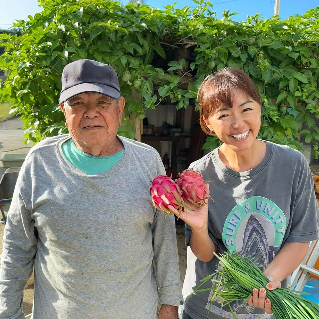 田中律子のインスタグラム：「朝から、おじーと、ドラゴンフルーツに、ニラの収穫❤️ いっつもたくさんフルーツ作ってくれるおじー🤩ドラゴンフルーツに、グァバ、シークァーサー、パッションフルーツ、あとは、ゴーヤーに、ヘチマ🌞  おじーからは作ったものをいただき、私は東京や地方に行ったらお土産買ってきて、物々交換🤩  そんな沖縄ライフが幸せすぎる😍  #okinawa  #okinawlife  #beachlife  #海のある生活  #大好きなおじー #おじー93歳  #めちゃくちゃ元気」