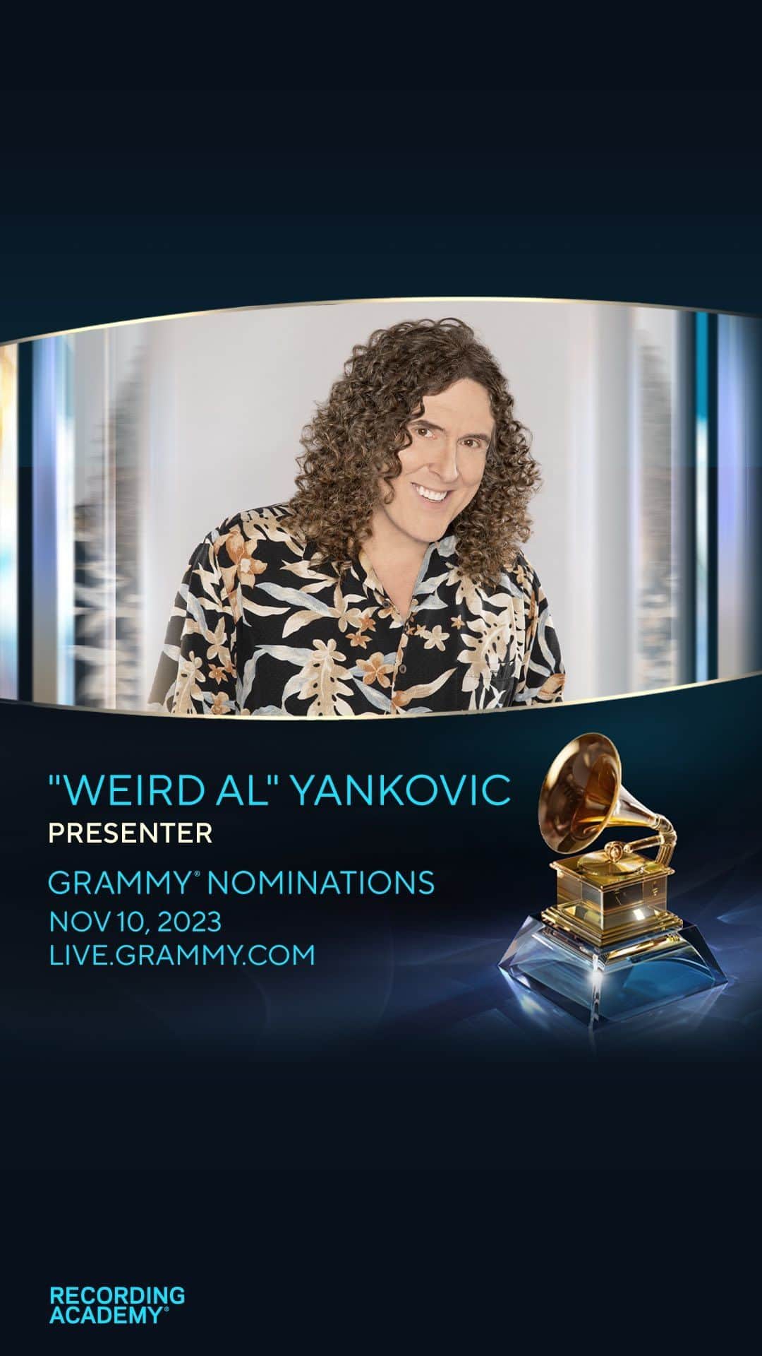 The GRAMMYsのインスタグラム：「🎶 #WeirdAlYankovic is joining the party to help present #GRAMMYs nominations on November 10th at 7:45 AM PT / 10:45 AM ET.   Tune in on live.GRAMMY.com and let’s rock and roll, or maybe even polka a bit! 🪗」