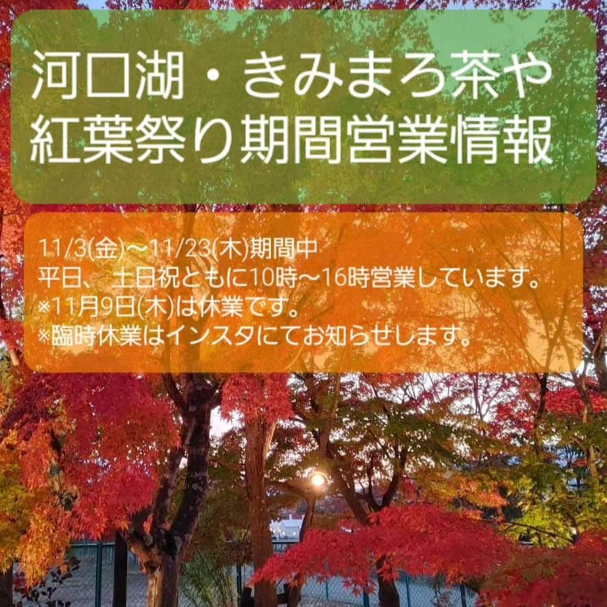 綾小路きみまろさんのインスタグラム写真 - (綾小路きみまろInstagram)「こんにちは。 綾小路きみまろです。  数十年ぶりの暖かい(暑い？)11月を迎えておりますが、河口湖では紅葉祭りをスタートしています。  きみまろ茶やの敷地内は、紅葉祭り本会場より一足早くもみじ🍁が美しく色づいております✨  きみまろ茶やでは、期間中 自家製ハーブティーや、和栗のモンブラン、おだんご、おしるこなどご用意してみなさまのお越しをお待ちしています。  通常は土日祝のみの営業となっておりますが、期間中(11/3～11/23)平日、 土日祝ともに10時～16時営業しています‼️ ※11月9日(木)は休業です。ご注意ください。 ※その他臨時休業は本インスタでお知らせします。  ご来店お待ちしております💗  #富士河口湖紅葉まつり 2023 #紅葉 #紅葉祭り #綾小路きみまろ #きみまろ茶や #ハーブティー 🌿」11月3日 10時22分 - ayanokojikimimaro_official