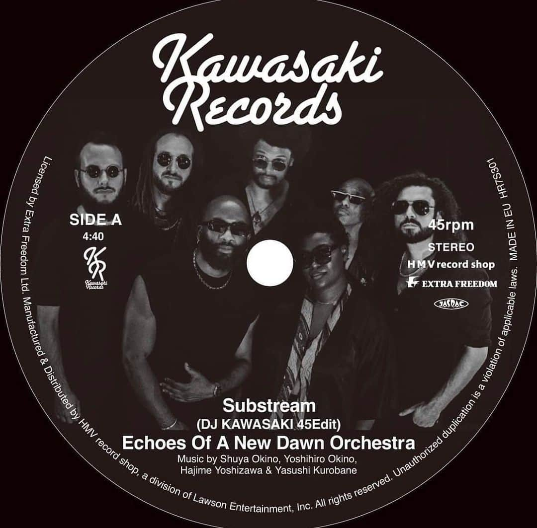 沖野修也のインスタグラム：「DJ KAWASAKI decided to release KJM classic covered by Echoes Of A New Dawn Orchestra from his label on 21st Feb 2024.   https://ameblo.jp/shuya-okino/entry-12826930593.html  Substream (DJ KAWASAKI 45Edit) / Echoes Of A New Dawn Orchestra Music by Shuya Okino, Yoshihiro Okino, Hajime Yoshizawa & Yasushi Kurobane Drums : Jean-Baptiste PALIES aka Jeeb's Bass : Carel CLERIL Keyboards : Eli FROT Guitar : Kevin LEBELLEC Trumpet : Olivier MICONI aka Bidou Percussions : Gaël LEPRINCE Vocals : Agyei OSEI & Emilia MASSIAS aka Mi Yoo Recorded by Danilo Plessow at Danilo Plessow Studio in Bagnolet, France. Mixed by Julien Ozonder aka Young Pulse」