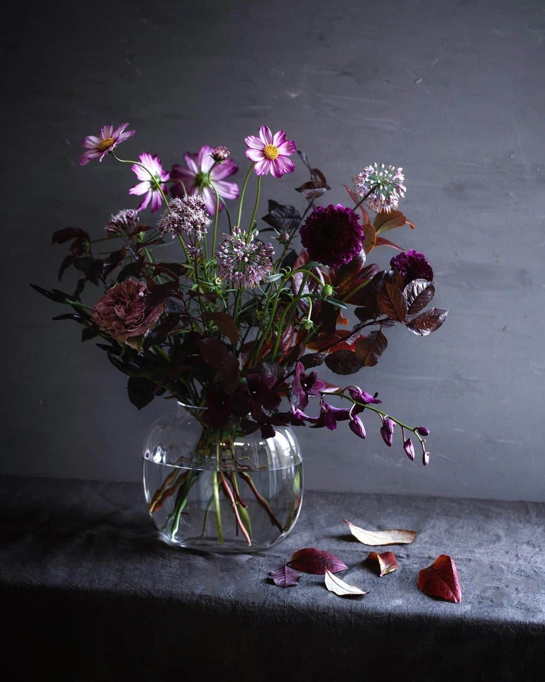 増田由希子のインスタグラム：「Autumnal floral arrangement 🍂 #autumnflowers #cosmos  #holmegaard #primulavase  🍁晩秋の花あわせ  #教室の花 #NHK文化センター青山教室今月の花  #ホルムガード」