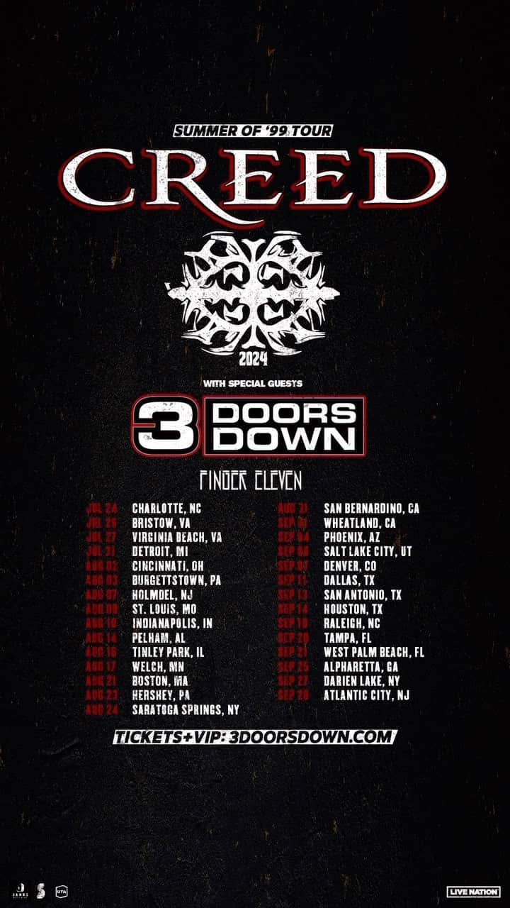 3 Doors Downのインスタグラム：「Tickets for the Summer of ‘99 Tour with @officialcreedpage are ON SALE NOW. See you next year 🤘 3doorsdown.com」