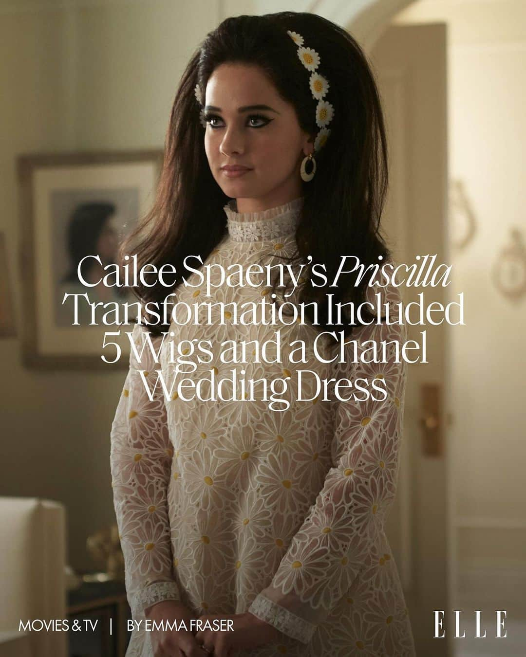 ELLE Magazineのインスタグラム：「#PriscillaPresley’s 1985 memoir #ElvisandMe includes a detailed description of what the author calls the “Elvis Presley Fashion Course.” In #SofiaCoppola’s film adaptation of the book, we get to sit in as #Priscilla receives fashion, hair, and beauty guidance that adheres to Elvis’ (Jacob Elordi) specific likes and dislikes. Jet black hair and copious amounts of eyeliner become the order of the day, which Priscilla (Cailee Spaeny) dutifully agrees to wear. Told from 1959 to 1972, Coppola captures how Priscilla Beaulieu journeyed from adolescent pink mohair sweaters and saddle shoes to big-bowed gowns and heels in Las Vegas to, ultimately, finding independence.  Hit the link in bio for our full interview with costume designer Stacey Battat, hair department head Cliona Furey, and makeup department head Jo-Ann MacNeil.」