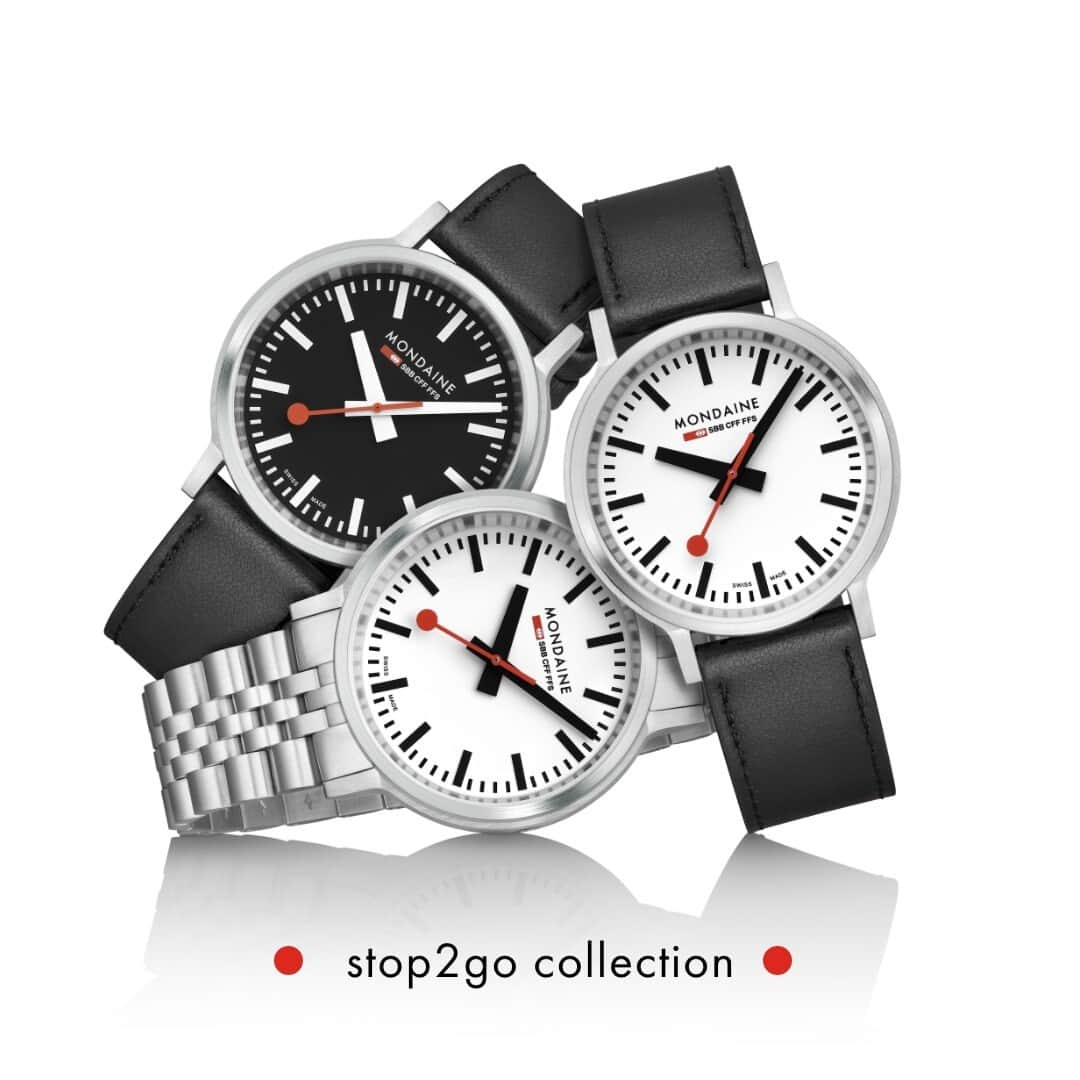 モンディーンのインスタグラム：「What is so special about our new collection?  Our stop2go collection features the legendary Swiss-Made stop2go movement that features distinctive red second hand that stops for 2 seconds when it reaches 12 o'clock, allowing the minute hand to jump to the next minute. This mimics the movement of the original Swiss Railways station clock that has helped trains depart on time for so long.  Carry on the tradition with the iconic watch face that we have kept unchanged, as a tribute to our remarkable history.  #ASICONICASYOU #swissheritage #craftedinswitzerland #stop2go」