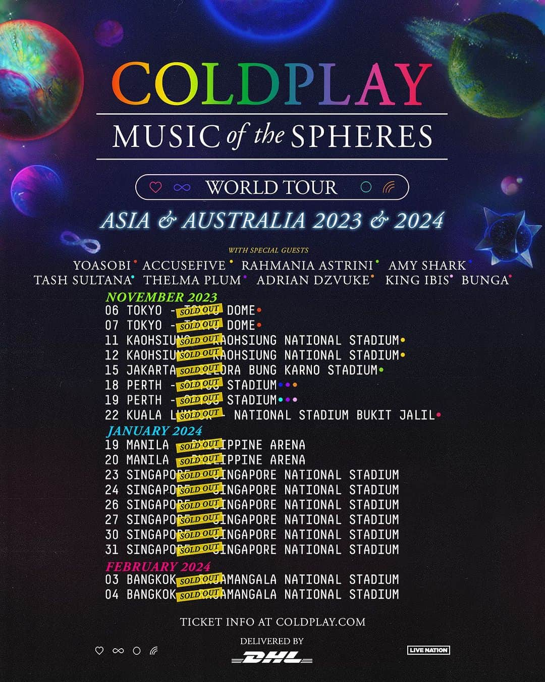 Coldplayさんのインスタグラム写真 - (ColdplayInstagram)「Upcoming Asia / Australia shows, now with our Perth Opening Contest winners added @kingibis @adriandzvuke 🌈  #Coldplay #MusicOfTheSpheresWorldTour  #yoasobi @accusefive @rahmaniaastrini @amyshark @tashsultanaofficial @thelmaplum @bungaisme」11月3日 19時10分 - coldplay