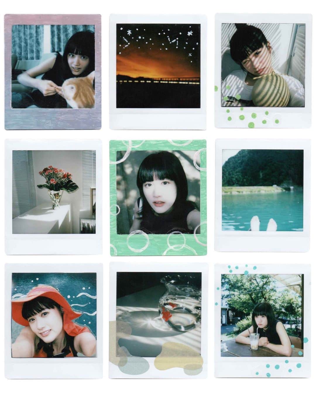 小西桜子のインスタグラム：「SQUARE UP!GALLERY Shutter magazineさんのチェキギャラリー🎞 もう見てくれましたか？ せっかくなので普段なかなか切り取ることのない日常の風景をと思って意識して過ごしてたら、たくさんの愛おしい瞬間に気付けた夏の思い出。  母がくれた金魚のガラス細工にメロン、撮影がクランクアップしたときにもらったお花、飛騨高山で出会った夕日。などなど  公開中の映画のこともたくさんインタビューしていただいたので、あわせて是非。  https://www.shutter-mag.com/squareup/konishisakurako/」