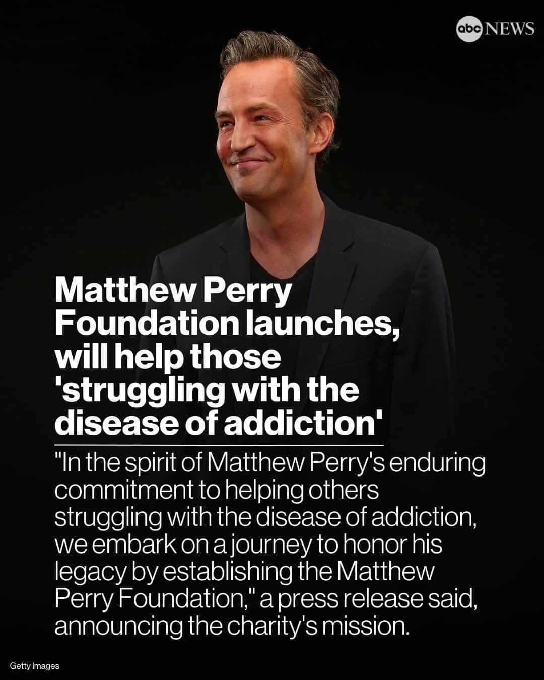 ABC Newsのインスタグラム：「"When I die, I don't want 'Friends' to be the first thing that's mentioned — I want helping others to be the first thing that's mentioned," reads a quote from the late actor that was published along with the announcement of The Matthew Perry Foundation's launch.  Read more at the link in bio.」