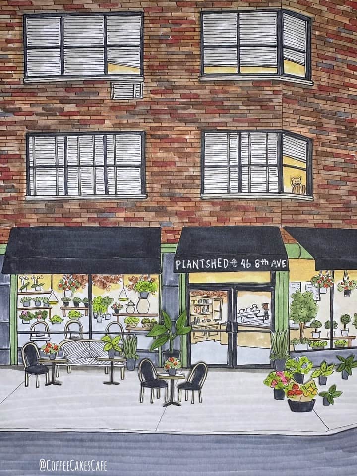 RIASIMのインスタグラム：「A big welcome to the neighborhood @plantshednyc ! 👏🏻👏🏻🥰 I’ve been waiting to see this cafe open and it’s finally here! It’s so pretty, love the outdoor seating and adore the bench style seats! It’s perfectly charming in every way! Come take a peek if you haven’t seen it yet! It’s on the corner of Jane St and 8th Av. 🪴🪴🪴 . Have a wonderful start to the weekend everyone!! Enjoy some pretty blooms 💐plants 🪴and yummy coffee ☕️in West Village! btw…do you see the little Kitty?😁 . Happy Friday! xx . . . . . . . #westvillage #westvillagenyc #westvillagelife #westvillagenewyork #plantshednyc #westvillageny #stopmotionanimation #coffeecakescafe #storefront #storefrontcollective #prettycitynewyork #facadelovers」