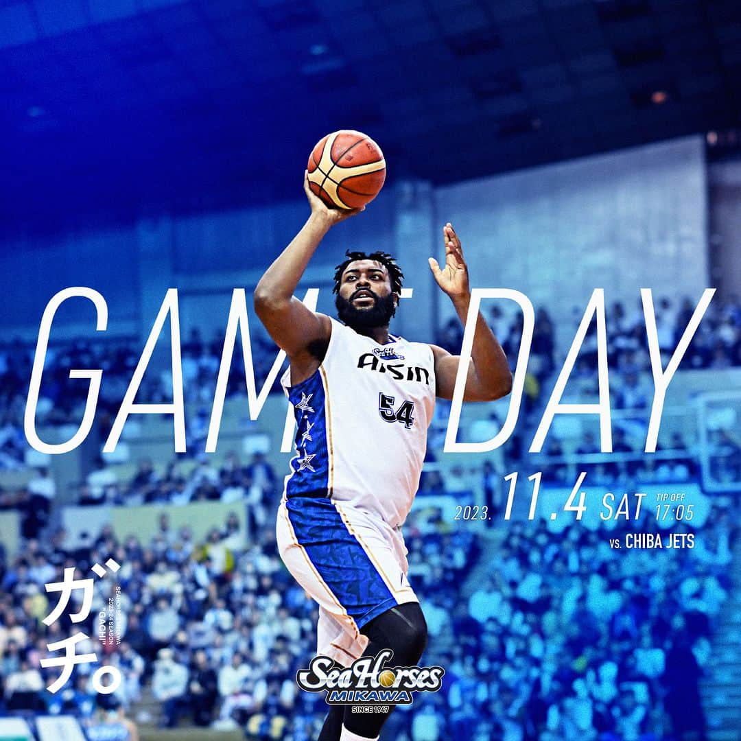 シーホース三河のインスタグラム：「GAME DAY🌊 🆚千葉J✈️ 📍船橋アリーナ 🕔17:05 TIP-OFF🏀  昨シーズン、歴代最高勝率を記録した強豪・千葉Jのホームに乗り込みます🔥今日も熱いご青援よろしくお願いします‼️  #ガチ #シーホース三河 #Bリーグ #シーホース #seahorsesmikawa #BLEAGUE #バスケットボール #バスケ #basketball #三河」