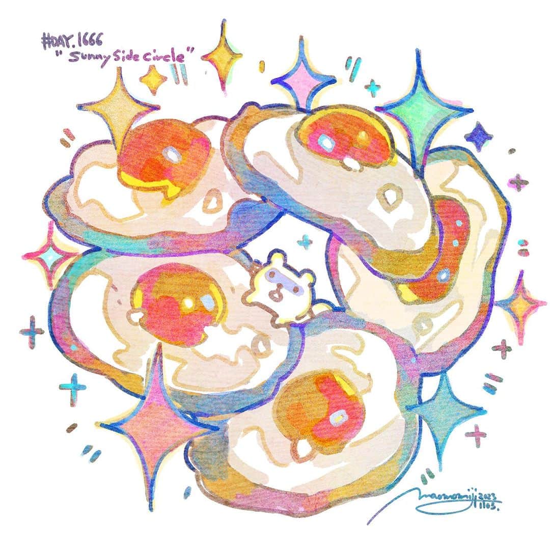 もみじ真魚さんのインスタグラム写真 - (もみじ真魚Instagram)「『#1666/「Sunny Side Circle.」』  もみじ真魚/MaoMomiji 2023年11月3日 23:44  ”The place I want to be, the colors I want to be, the light I want to be." Today I sketched ideas for about 30 minutes before drawing. Recently, I try to spend as much time and attention as possible on sketching ideas. Today's illustration is my favorite because I was able to fill it with things I like. Let's see what I can come up with tomorrow.  「自分の居たい場所と居たい色、居たい光」 今日は３０分ほどアイデアスケッチをしてから作画、最近はアイデアスケッチになるべく時間と意識をかけるようにしています。今日のイラストは好きなものを詰め込めたのでお気に入りです。明日は何が思いつくかな。  #日刊ごはんが好き #foodie #foodieart #dailyilovefood  #毎日更新 #foodillustration #fooddrawing #もみじ真魚 #maomomiji #飯テロ #美食 #sunnysideup #egg」11月3日 23時47分 - maomomiji