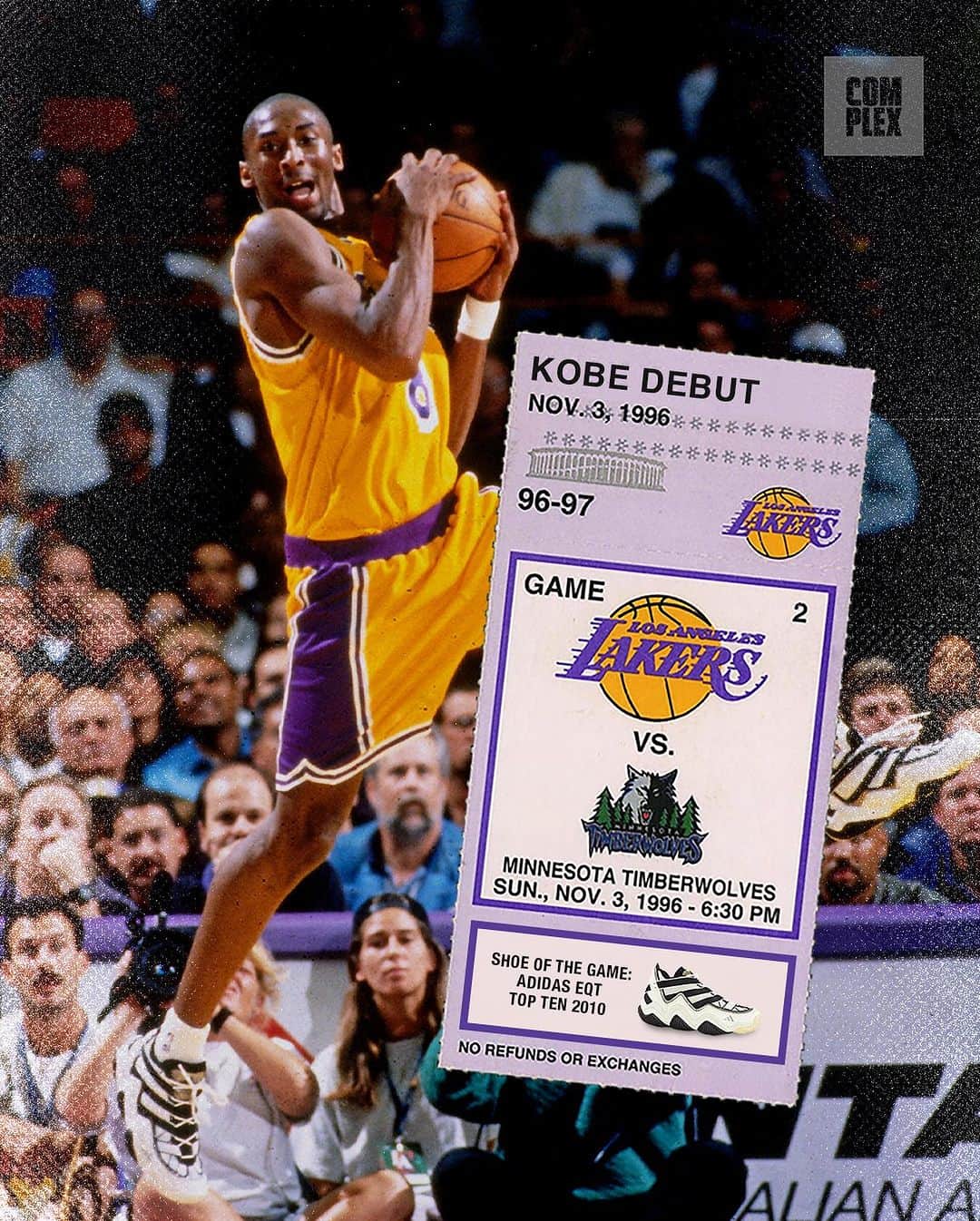 COMPLEXさんのインスタグラム写真 - (COMPLEXInstagram)「27 years ago today Kobe Bryant made his NBA debut with the Los Angeles Lakers. The rest is history. 🐍💛💜」11月4日 0時45分 - complex